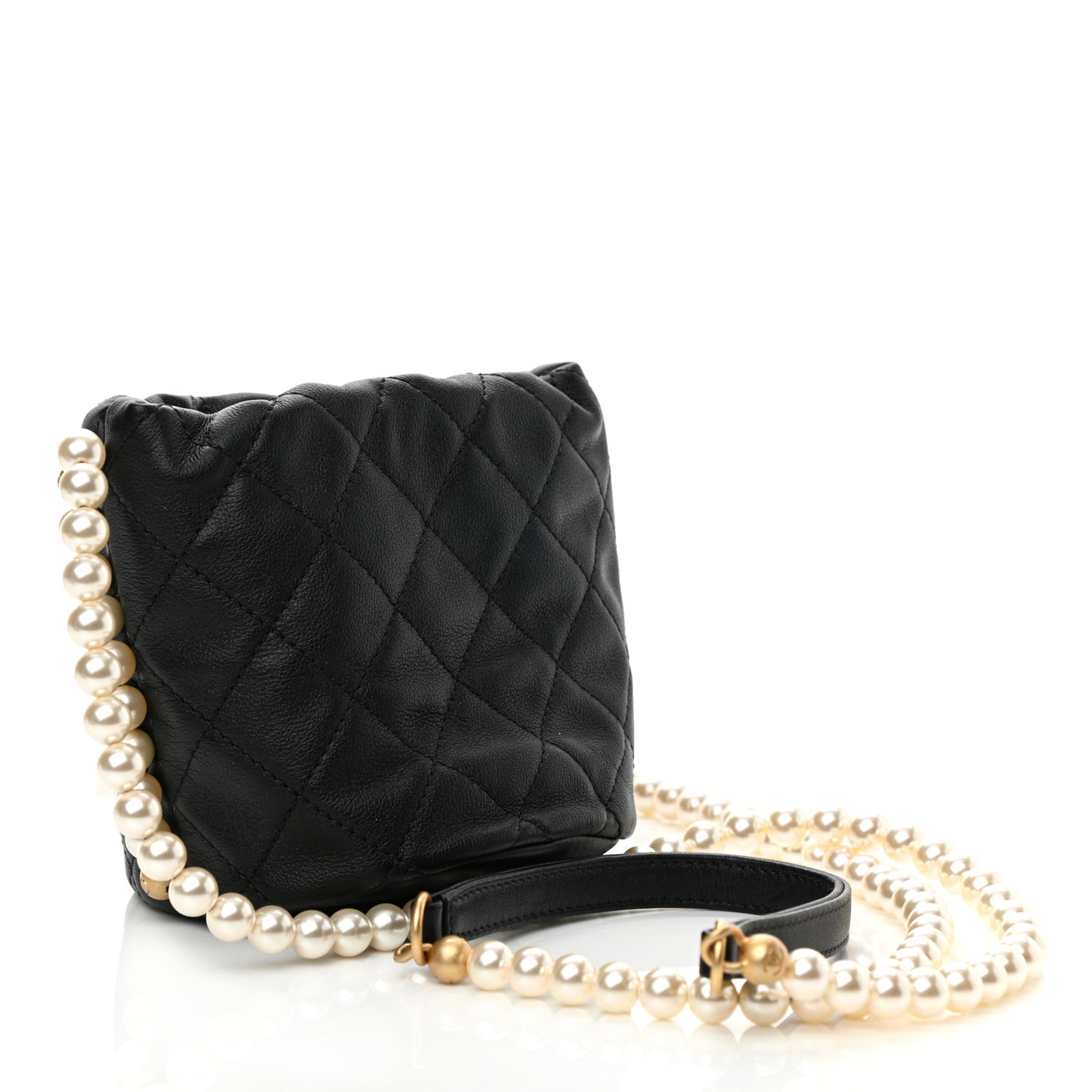 Calfskin Quilted Pearl Mini About Pearls Drawstring Bucket Bag Black