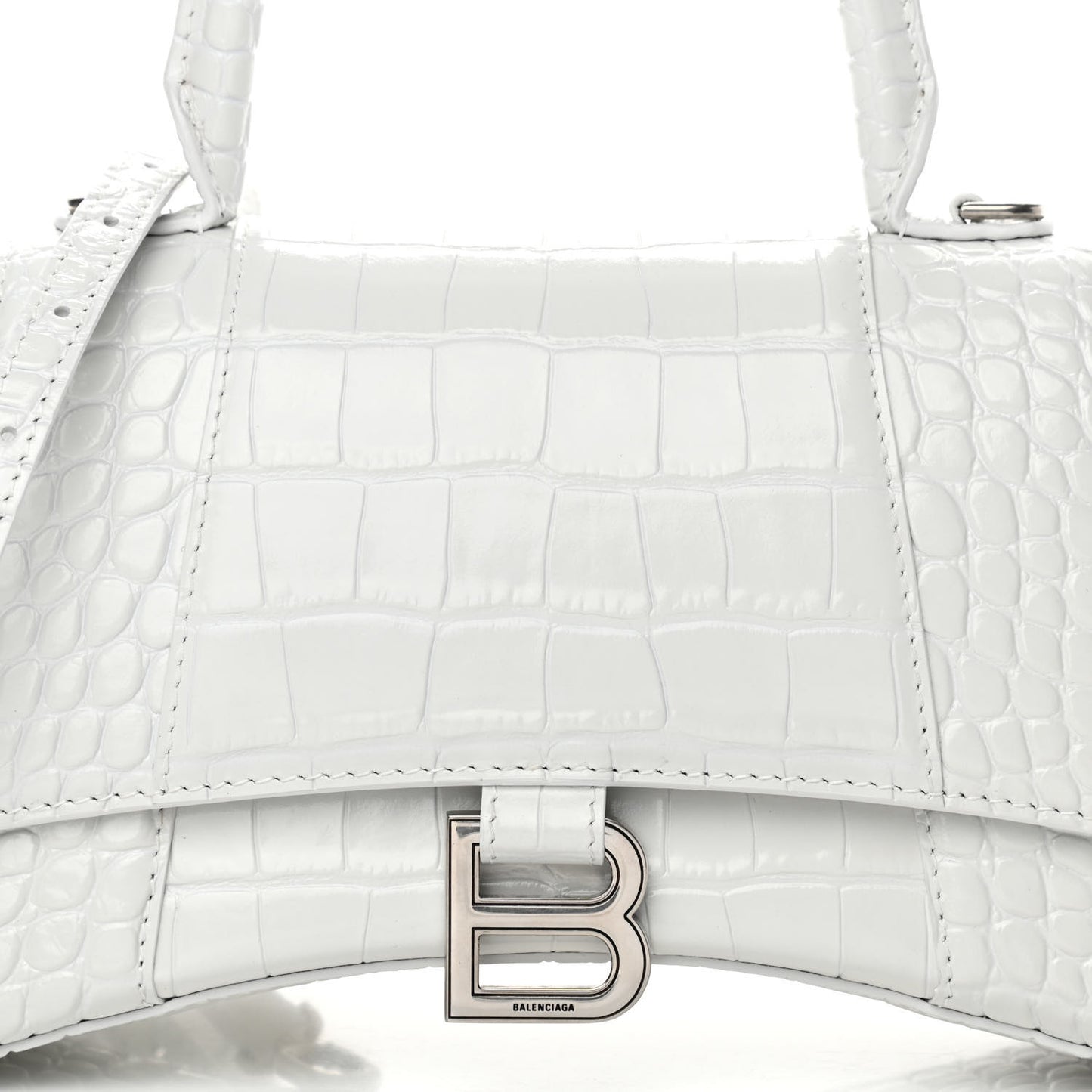 Calfskin Crocodile Embossed Small Hourglass Top Handle Bag White