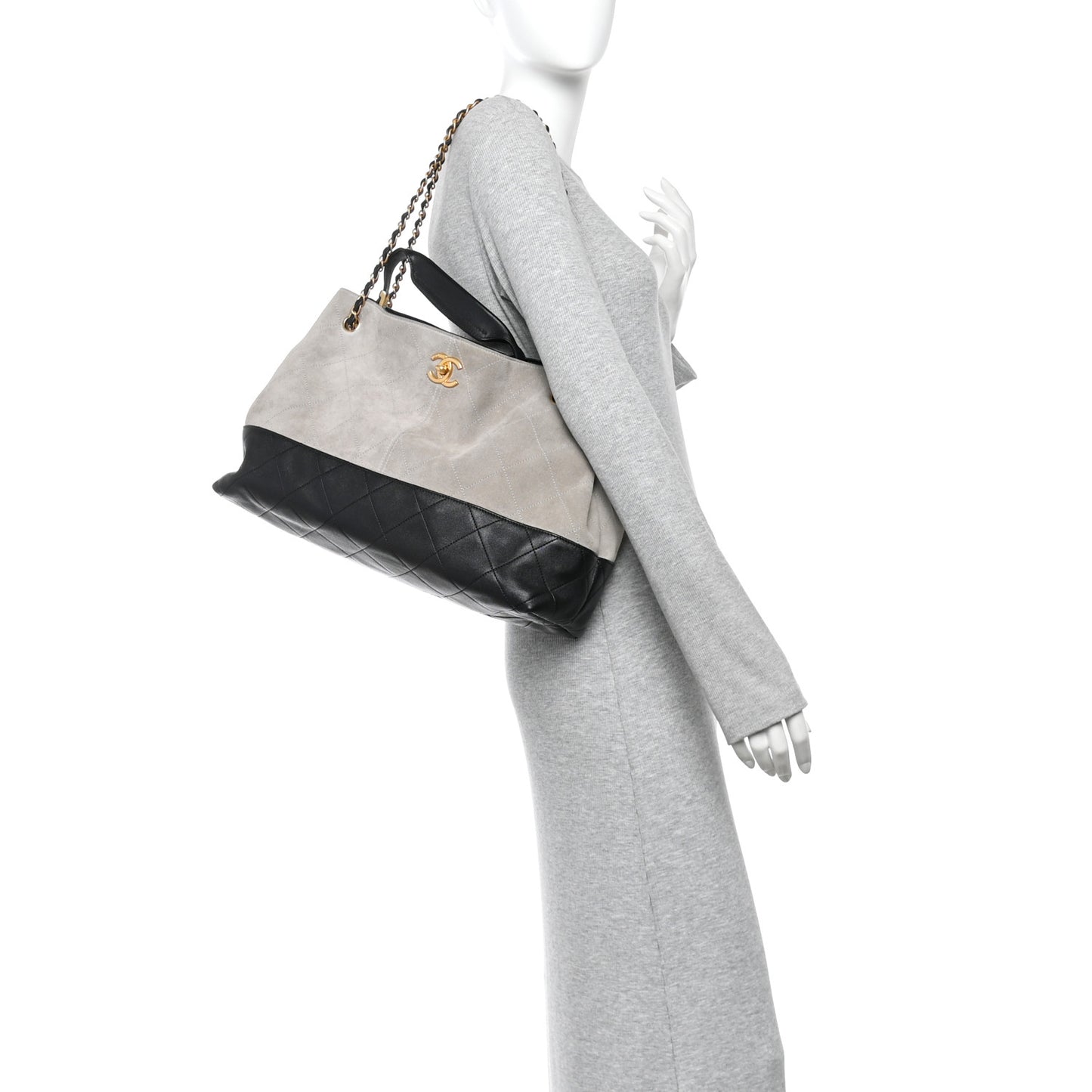 Suede Calfskin Shiny Lambskin Quilted Large Coco Base Shopping Bag Grey Black