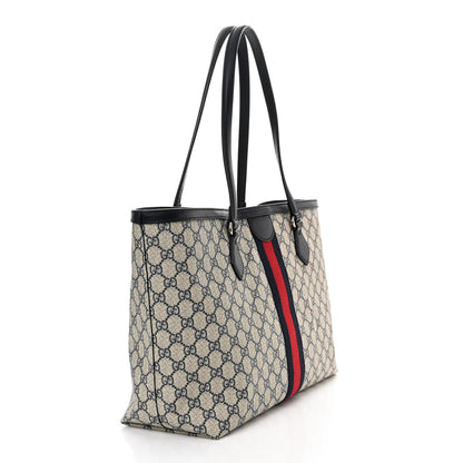 Gucci GG Supreme Monogram Textured Calfskin Web Medium Ophidia Shopping Tote Beige Blue 3 of 12
