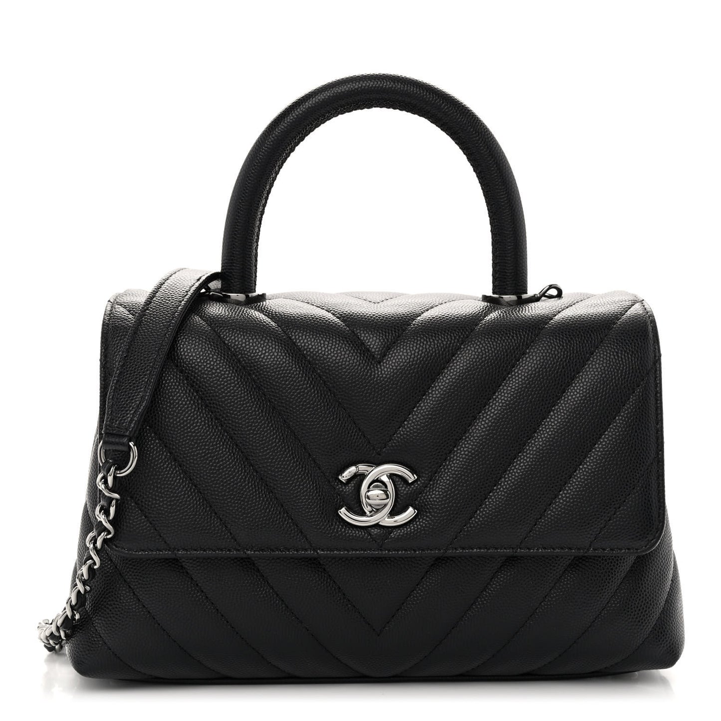 Caviar Chevron Quilted Mini Coco Handle Flap Black