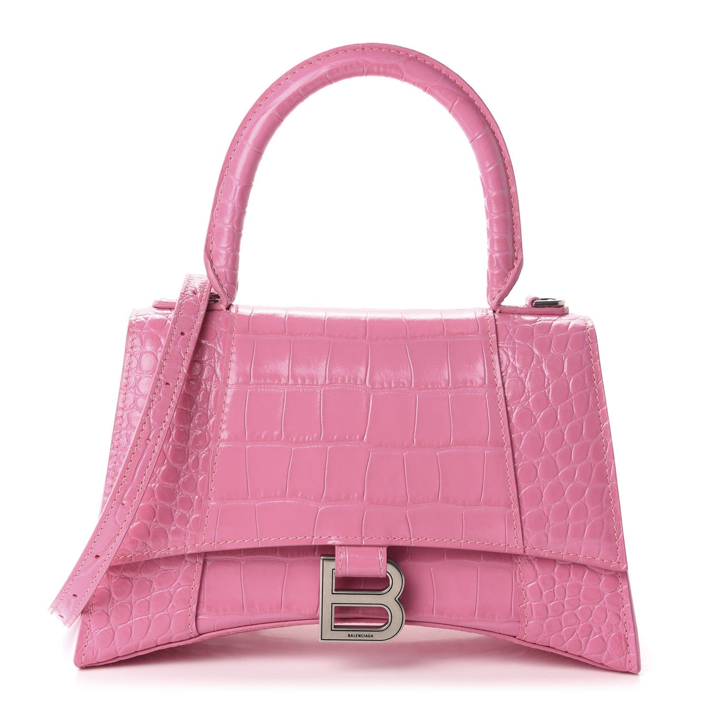 Shiny Calfskin Crocodile Embossed Small Hourglass Top Handle Bag Baby Pink
