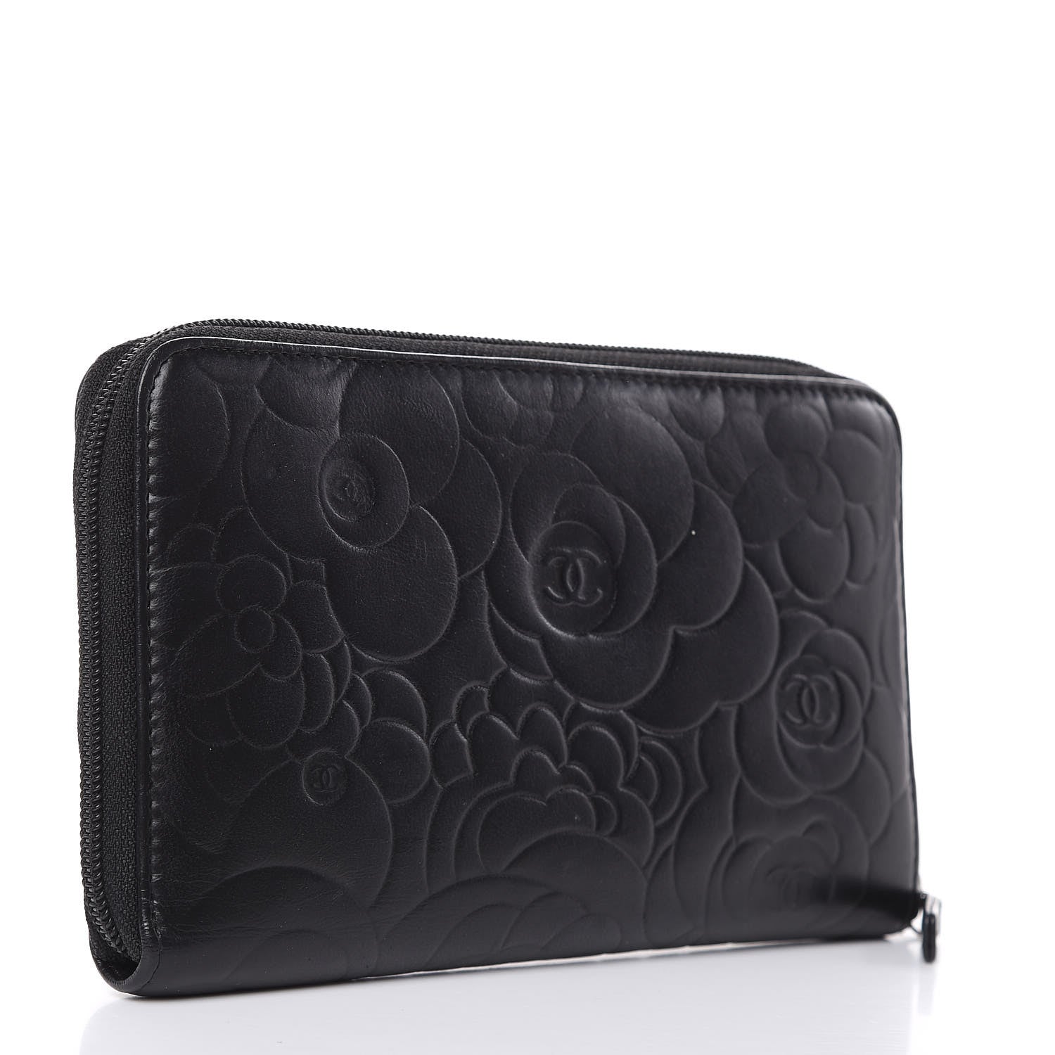 Chanel Lambskin Camellia Embossed Zip Around Organizer Wallet Black 2 of 15