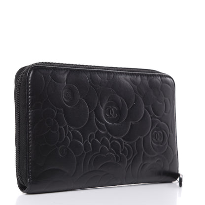 Chanel Lambskin Camellia Embossed Zip Around Organizer Wallet Black 2 of 15