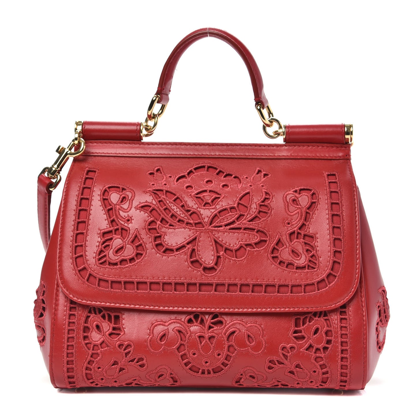 Lambskin Medium Embroidered Laser Cut Miss Sicily Satchel Red