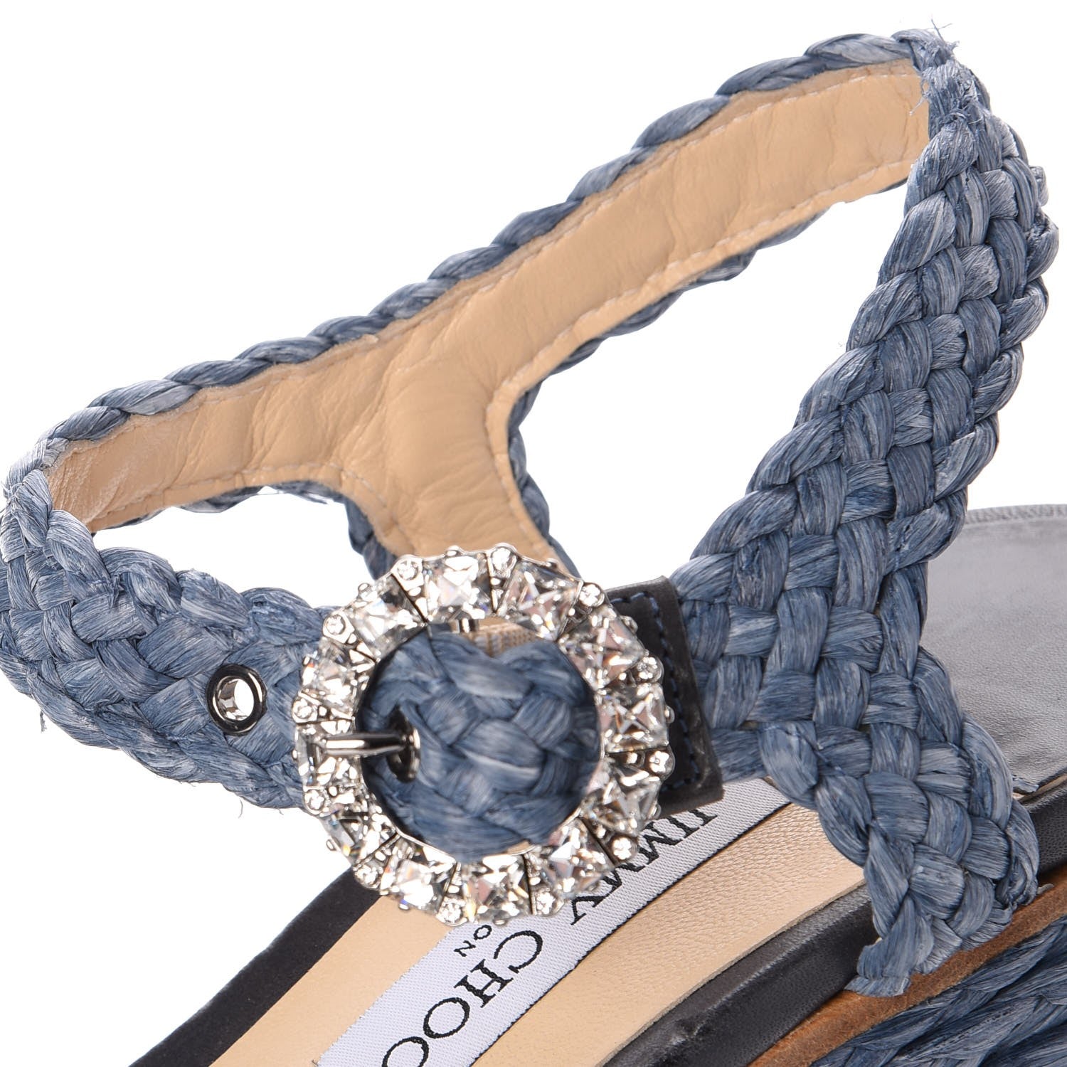 Jimmy Choo Woven Raffia Crystal Buckle Nylah 100 Platform Wedges 39 Dusk Blue 13 of 20