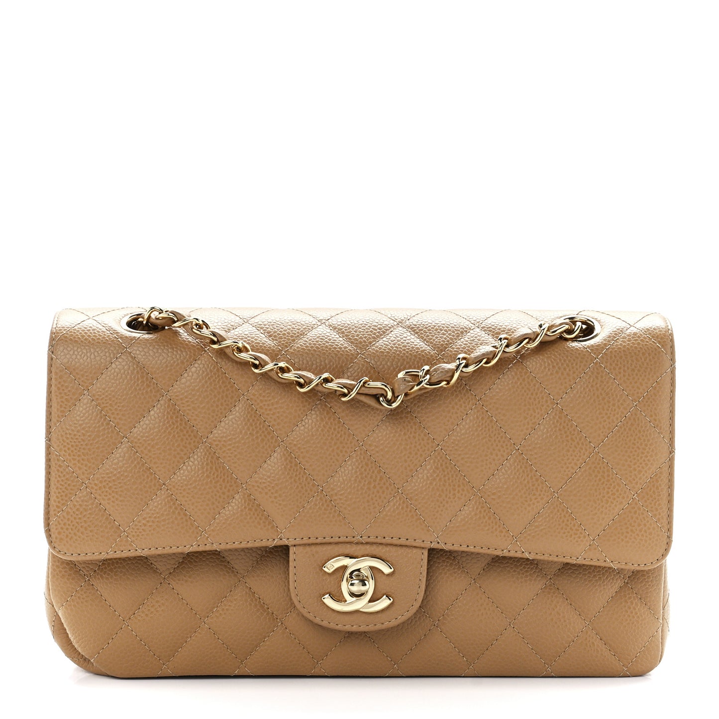 Caviar Quilted Medium Double Flap Beige