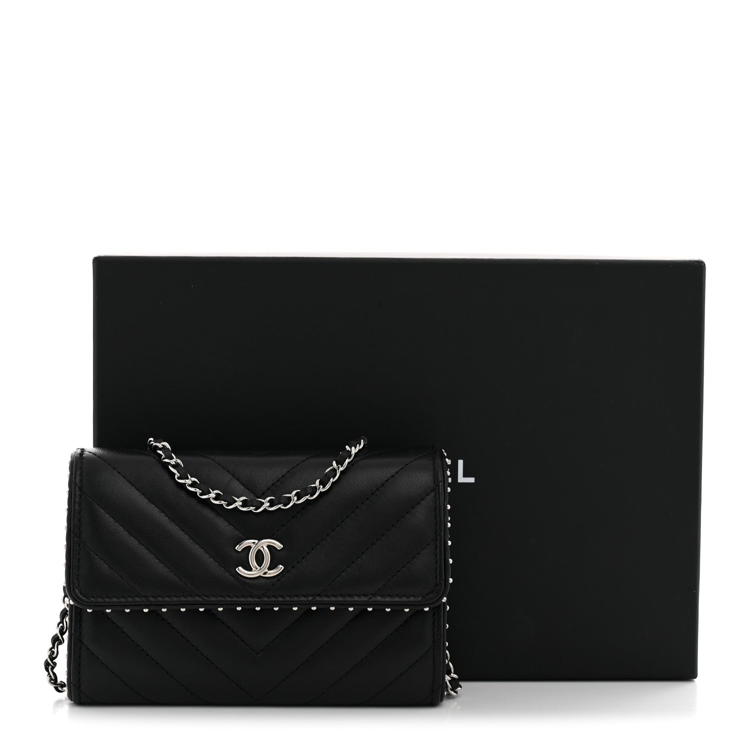 Chanel Lambskin Chevron Quilted Studded Wallet On Chain WOC Black 10 of 10