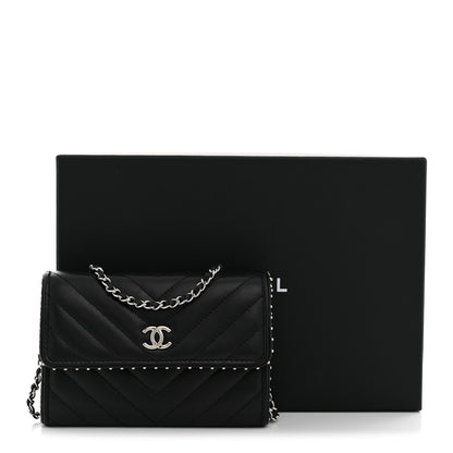 Chanel Lambskin Chevron Quilted Studded Wallet On Chain WOC Black 10 of 10
