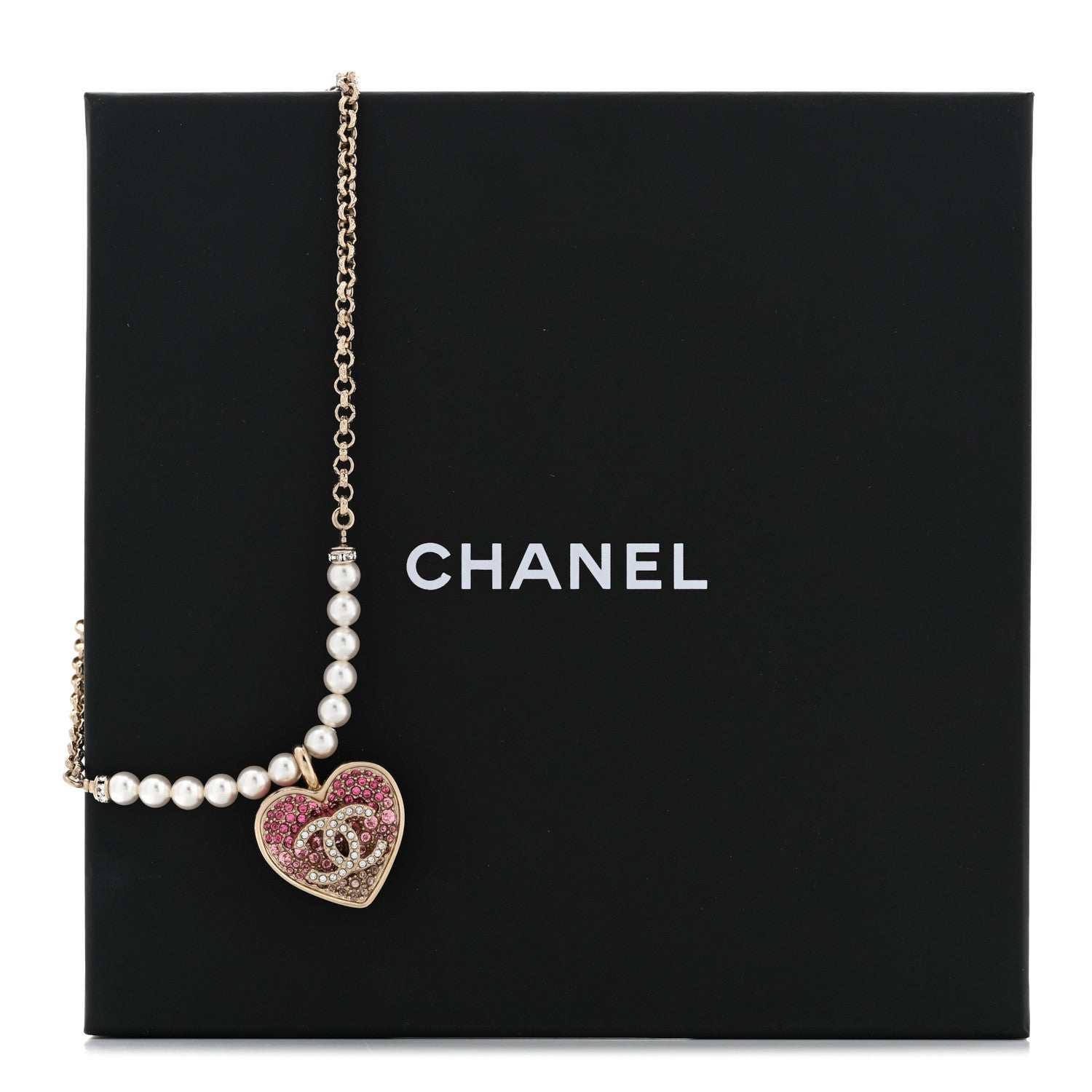 Chanel Pearl Crystal Resin CC Heart Short Necklace Pink Gold White 8 of 8