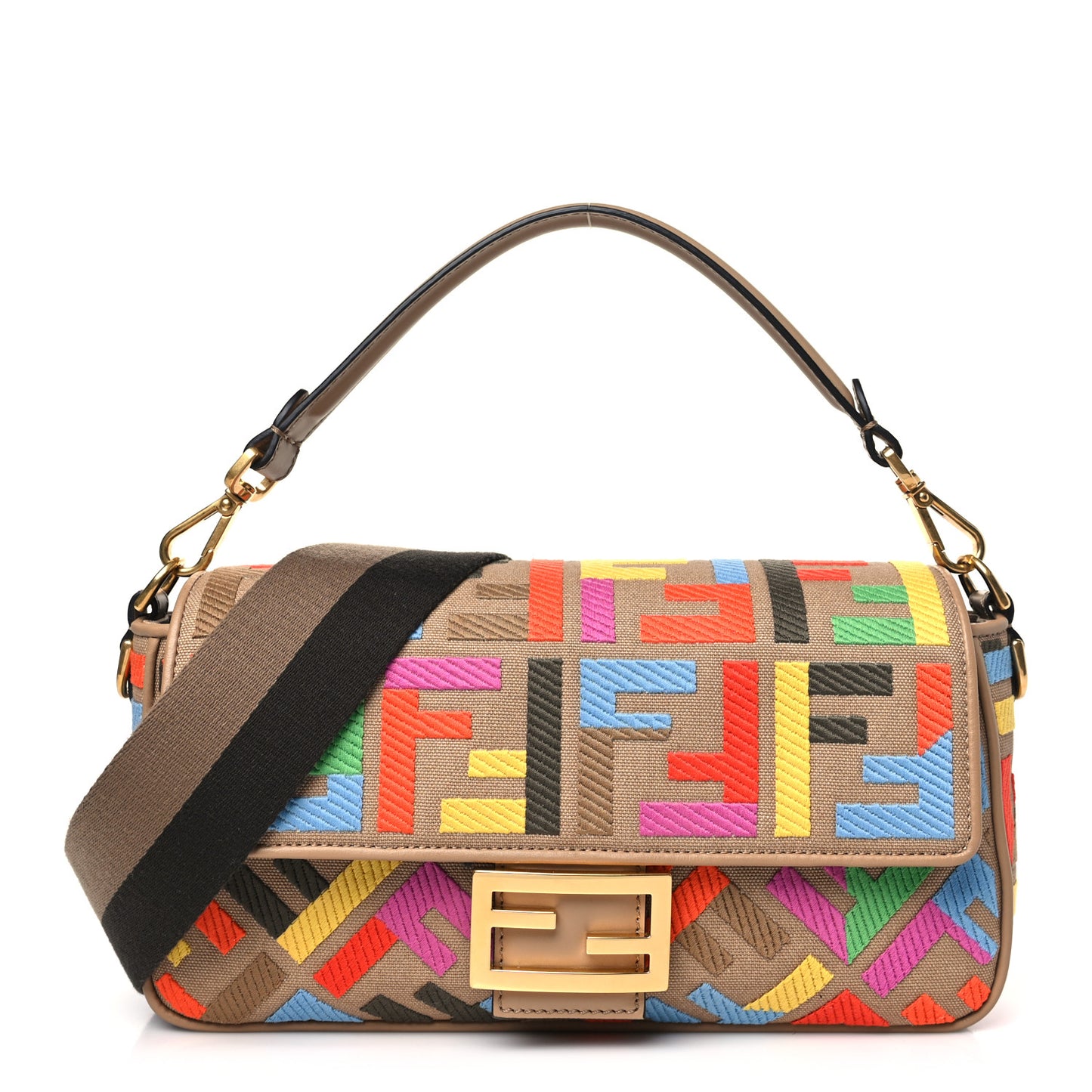 Canvas Vitello King FF Multicolor Embroidered Baguette Multicolor Cuoio