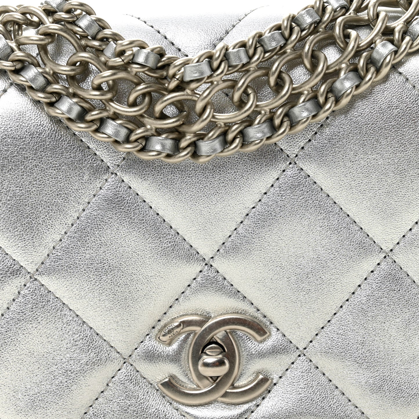 Metallic Lambskin Quilted Mini Chain Rows Flap Silver