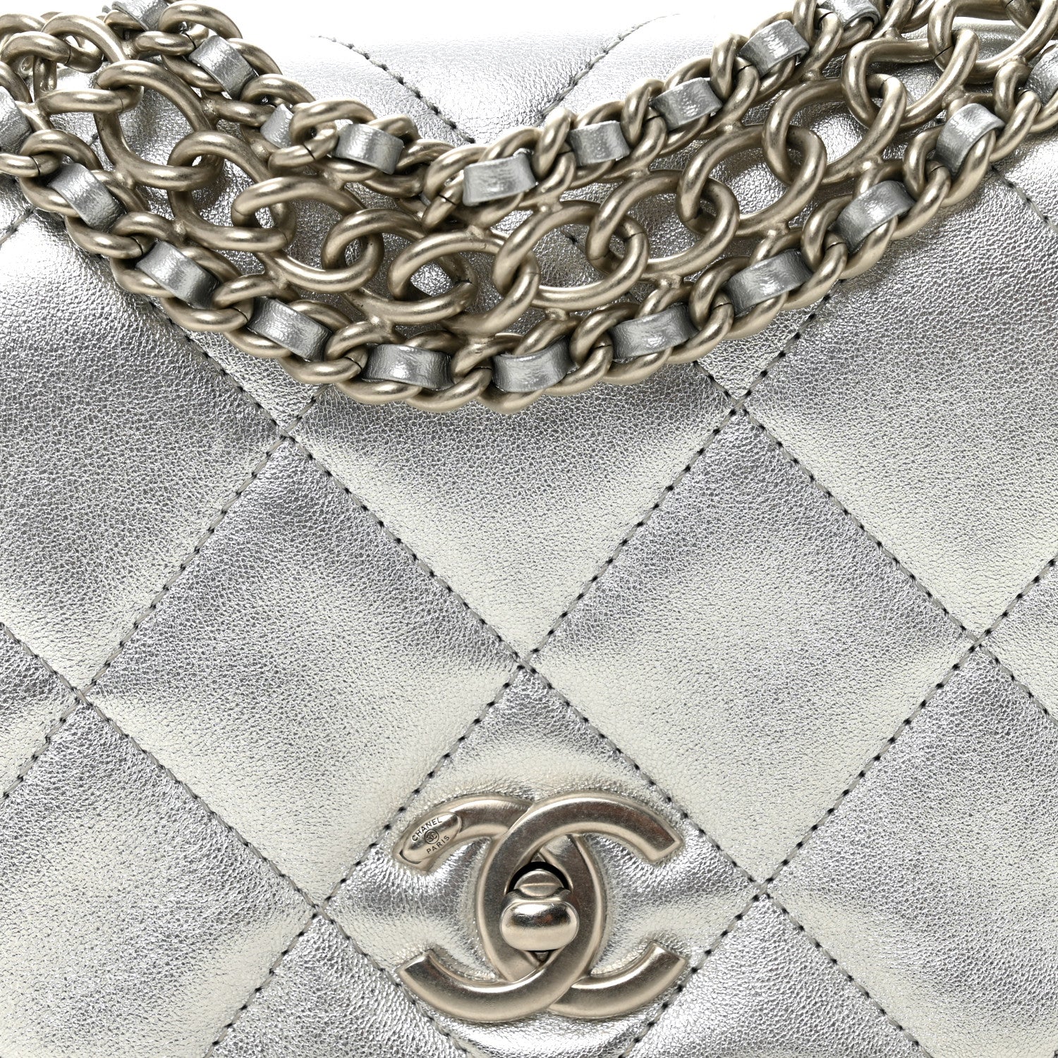 Chanel Metallic Lambskin Quilted Mini Chain Rows Flap Silver 8 of 10