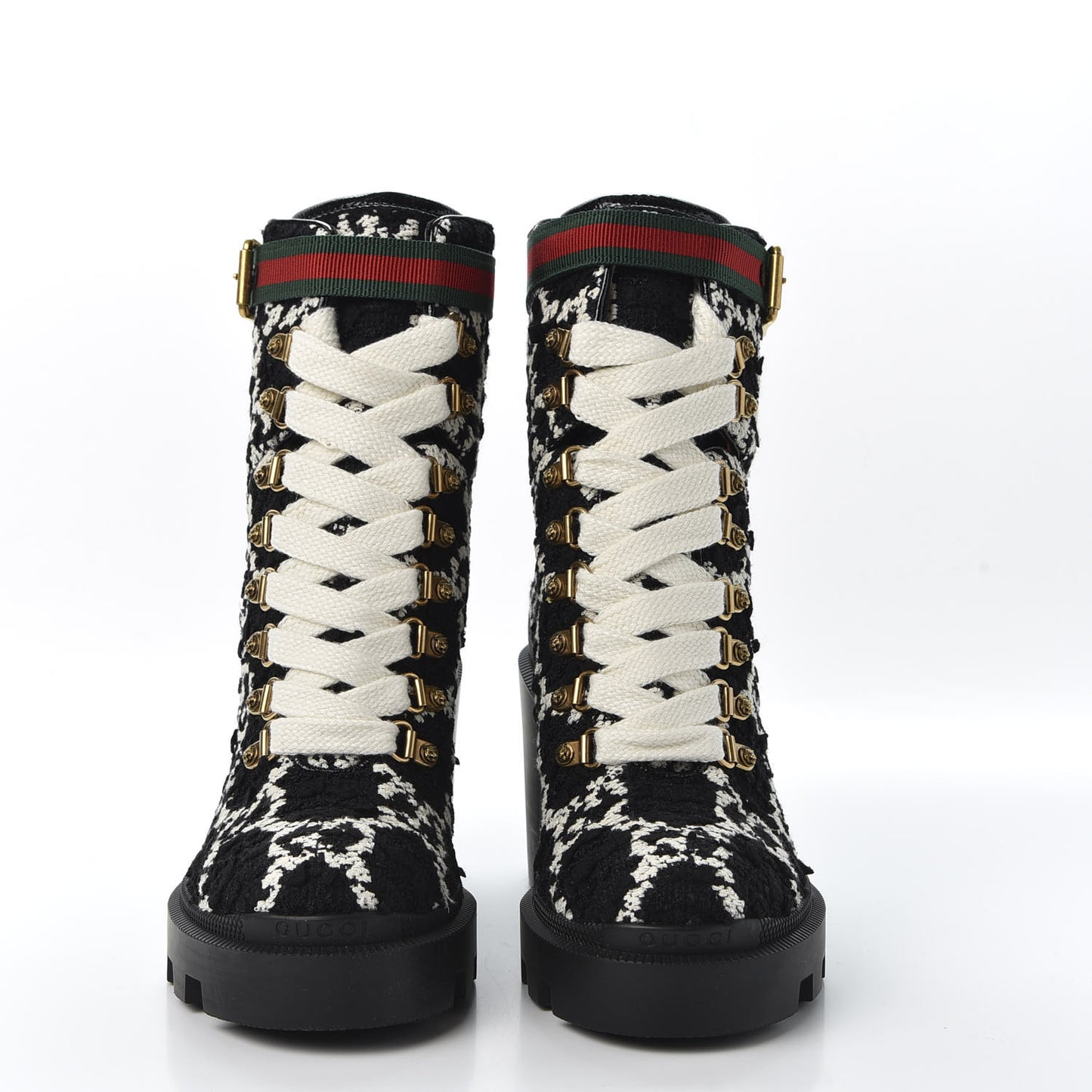 Tweed GG Monogram Lace Up Combat Ankle Boots 35.5 Black