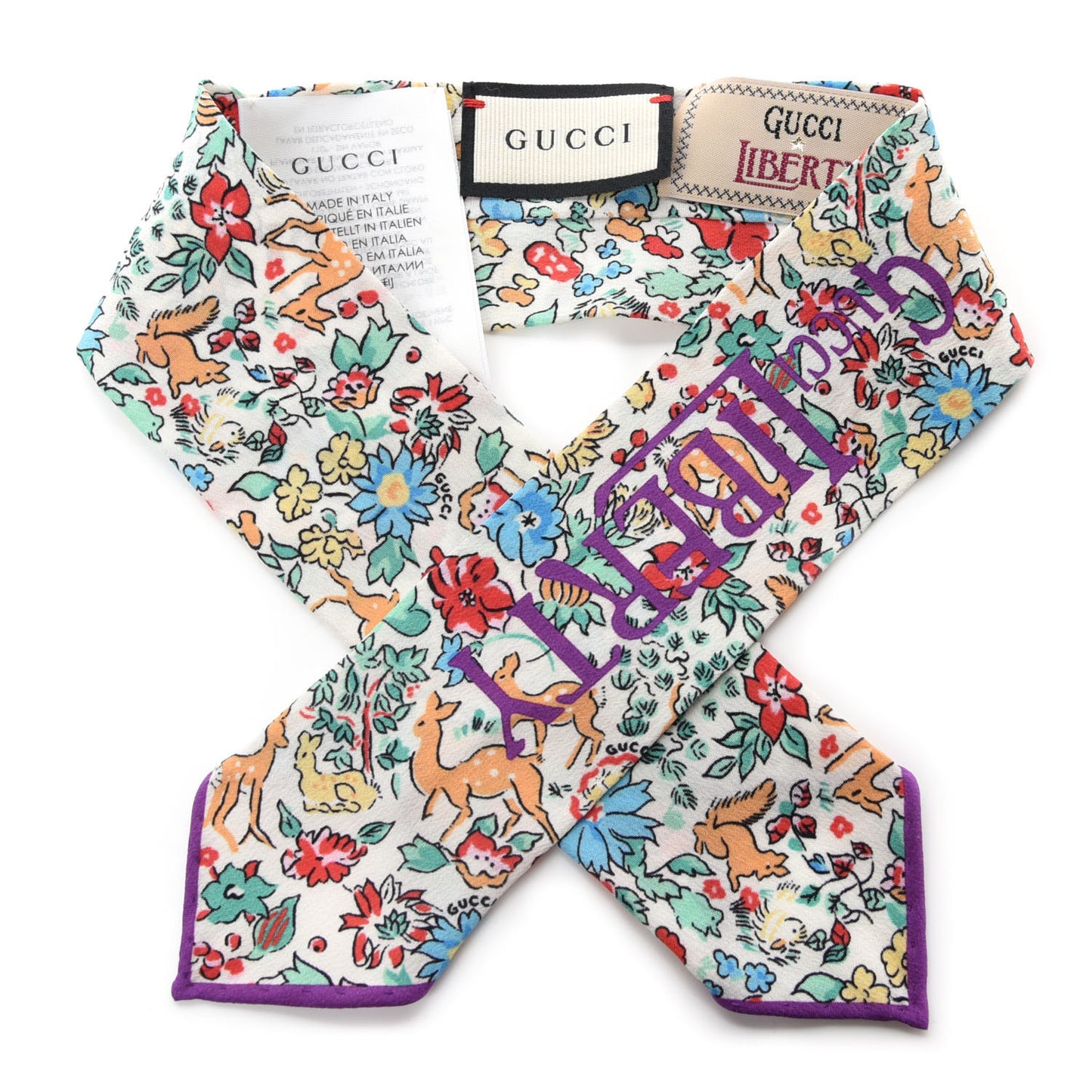 X LIBERTY OF LONDON Silk Floral Fawn Print Neck Bow Scarf Multicolor Purple Ivory