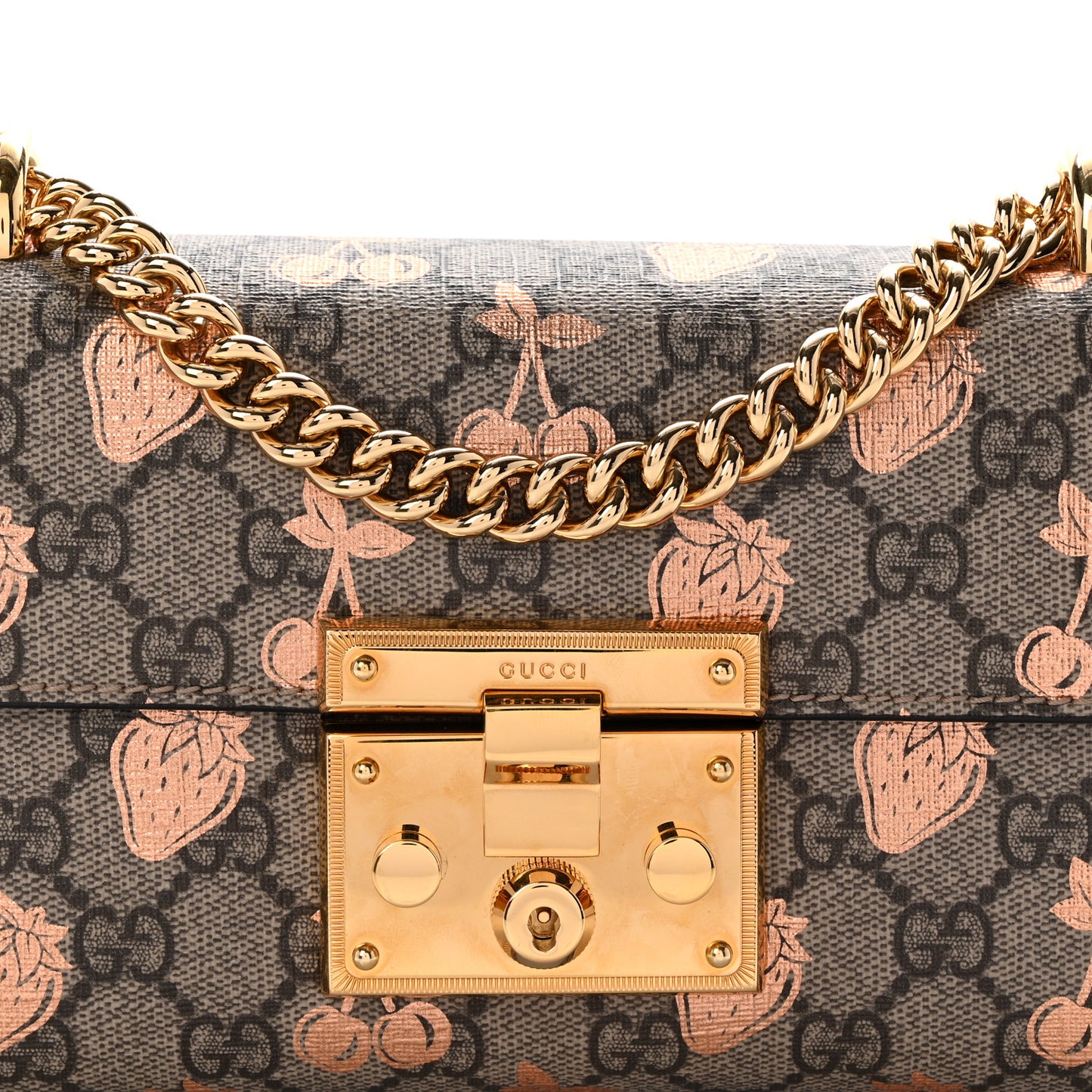 GG Supreme Monogram Berry Textured Dollar Calfskin Small Padlock Shoulder Bag Beige Ebony Light Copper Mystic White
