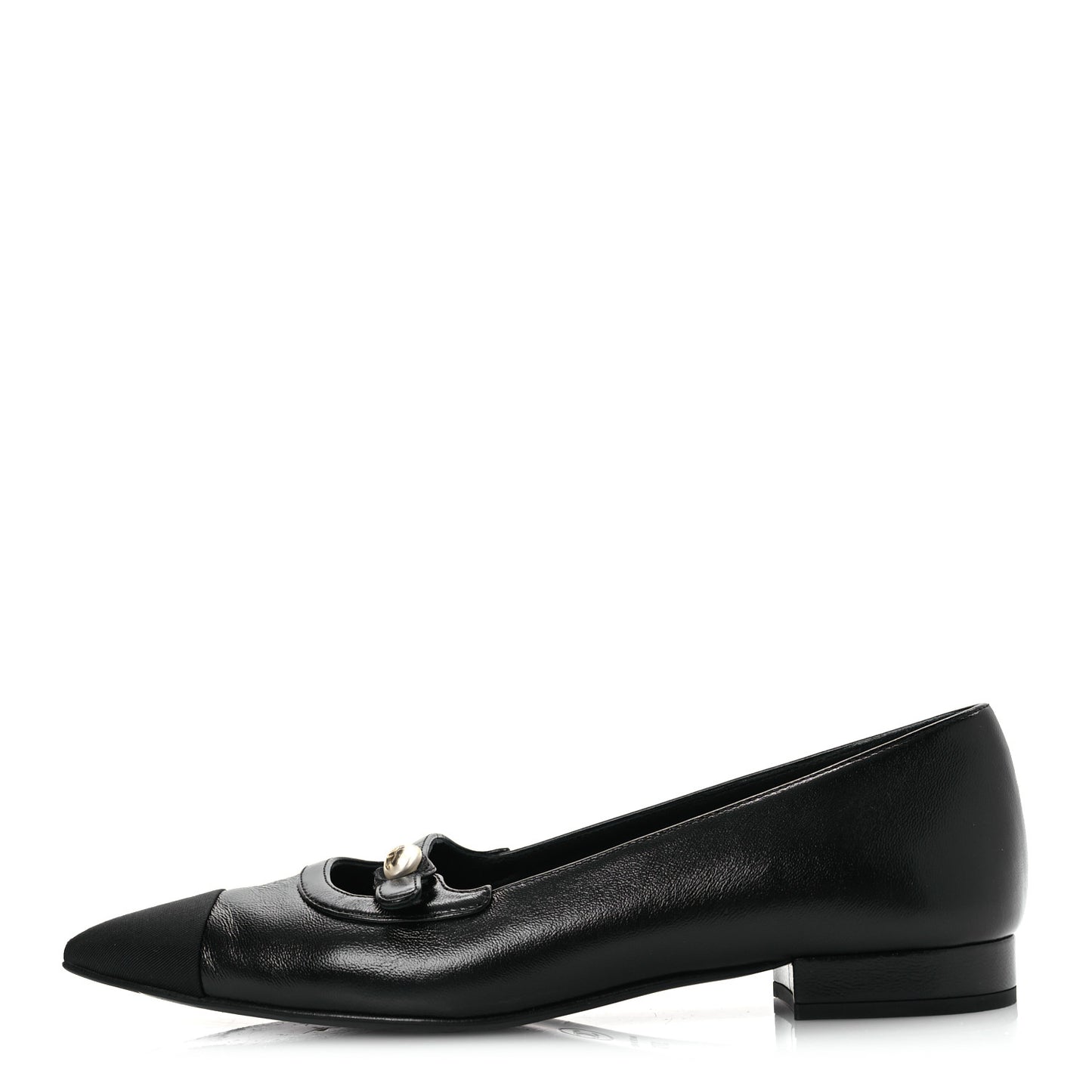 Shiny Lambskin Grosgrain Pearl Mary Jane Flats 37.5 Black
