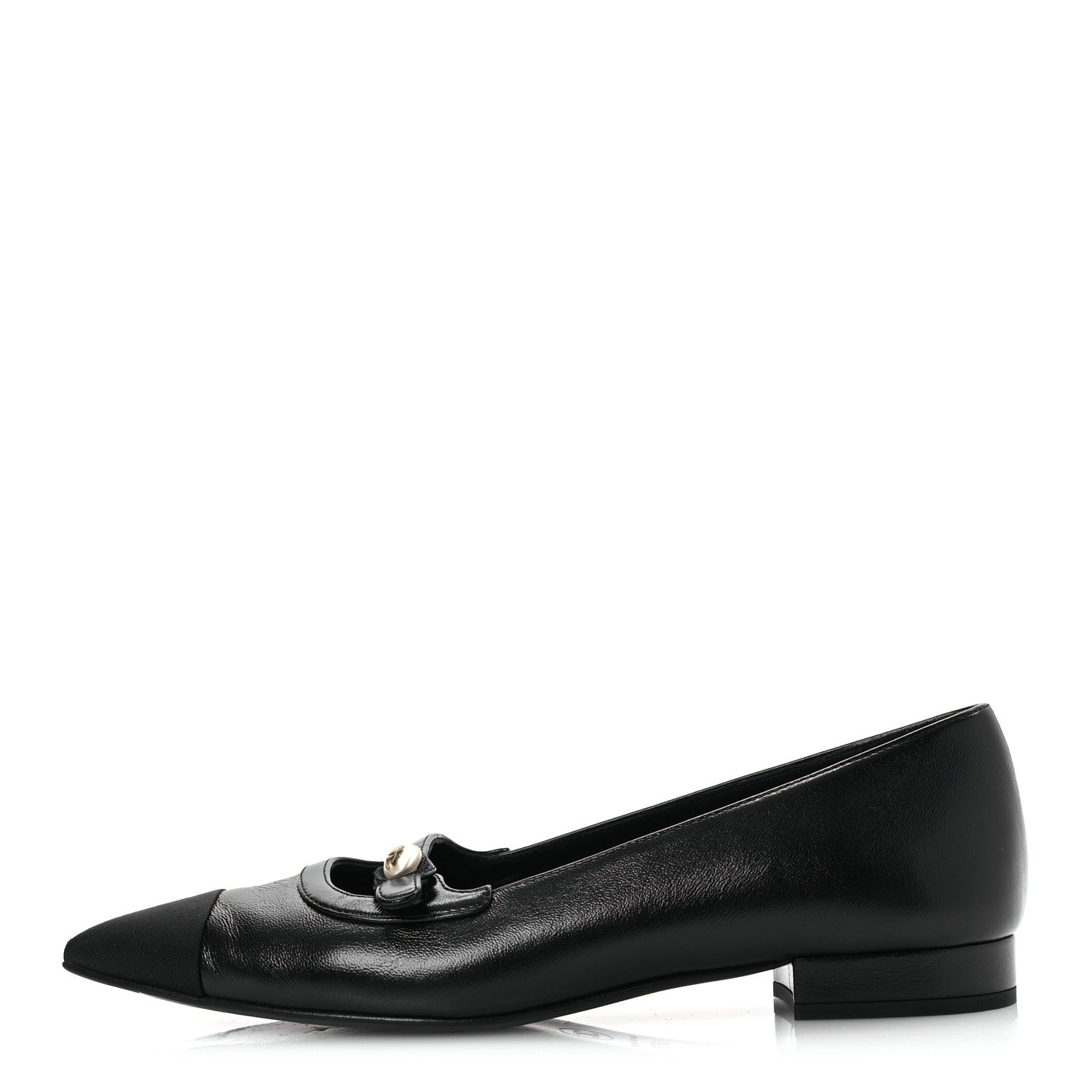 Chanel Shiny Lambskin Grosgrain Pearl Mary Jane Flats 37.5 Black 1 of 12