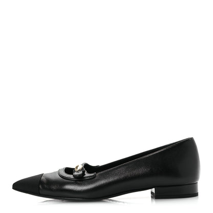 Chanel Shiny Lambskin Grosgrain Pearl Mary Jane Flats 37.5 Black 1 of 12