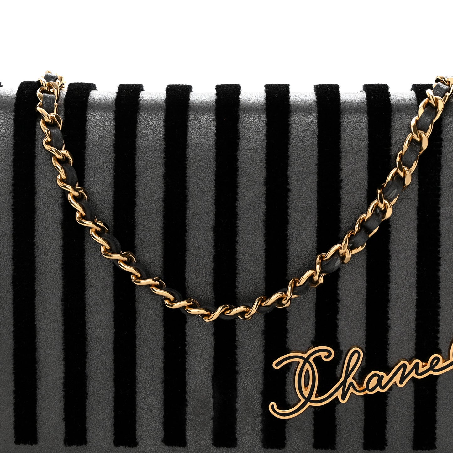 Iridescent Calfskin Velvet Stripe Wallet On Chain WOC Charcoal