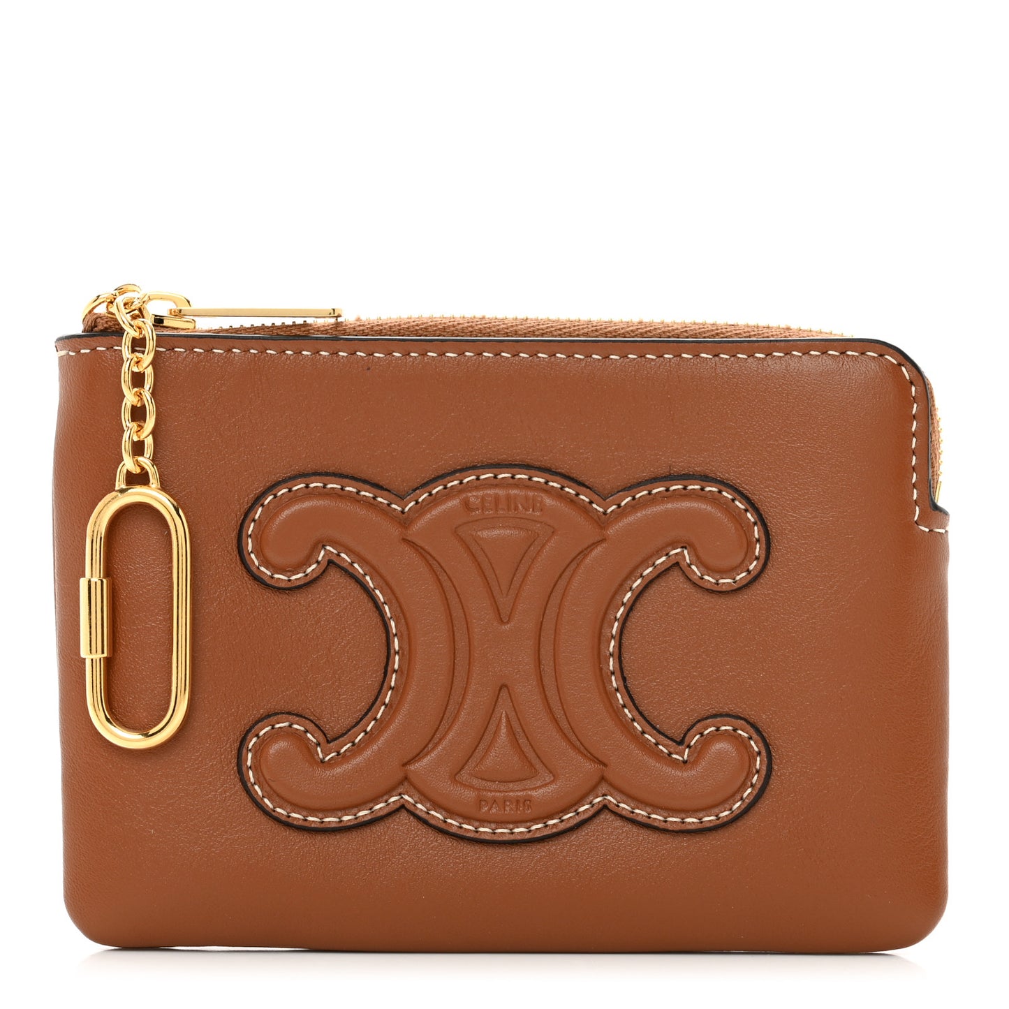 Smooth Calfskin Cuir Triomphe Coin and Card Pouch With Hook Tan