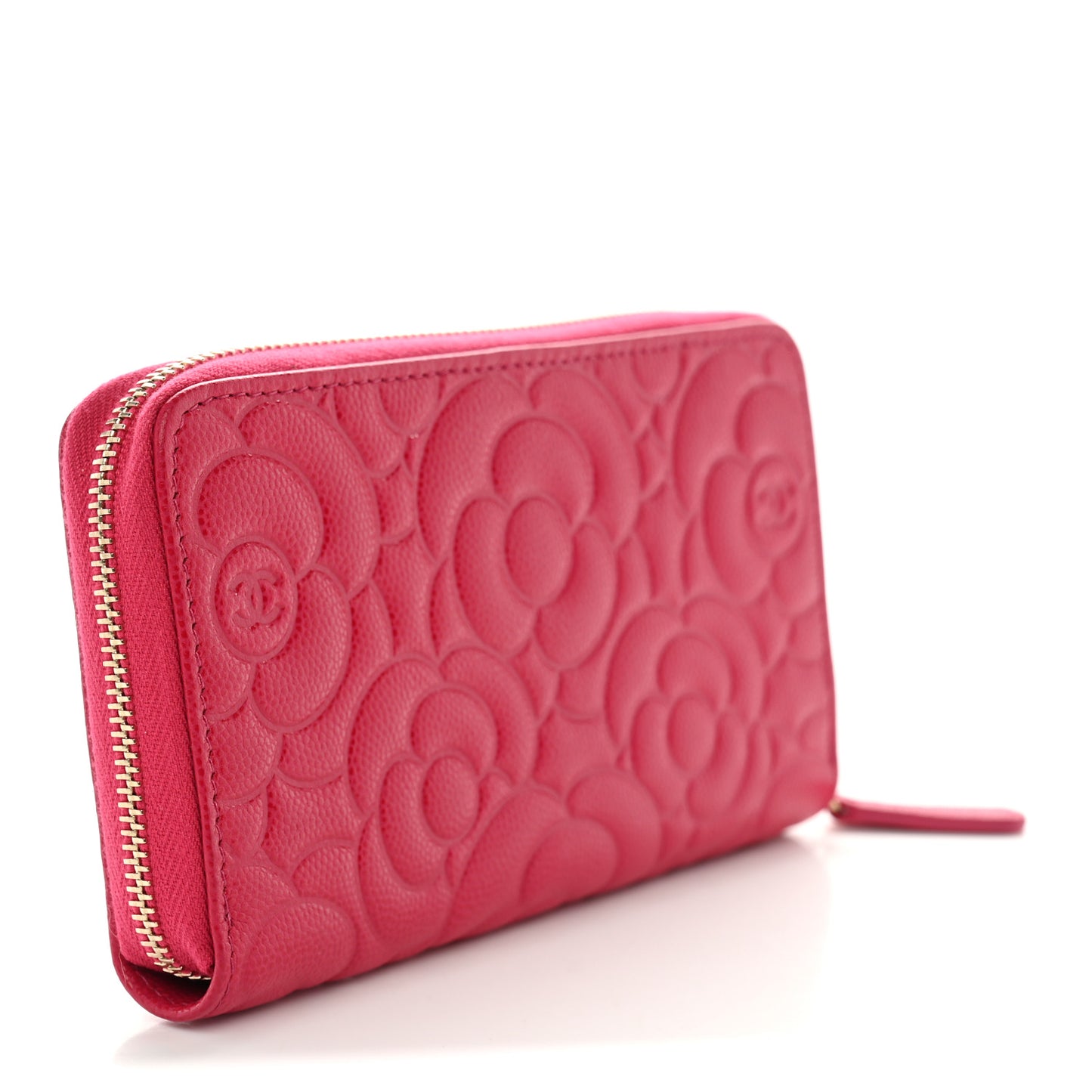 Caviar Camellia Embossed Large Zip Around Gusset Wallet Pink