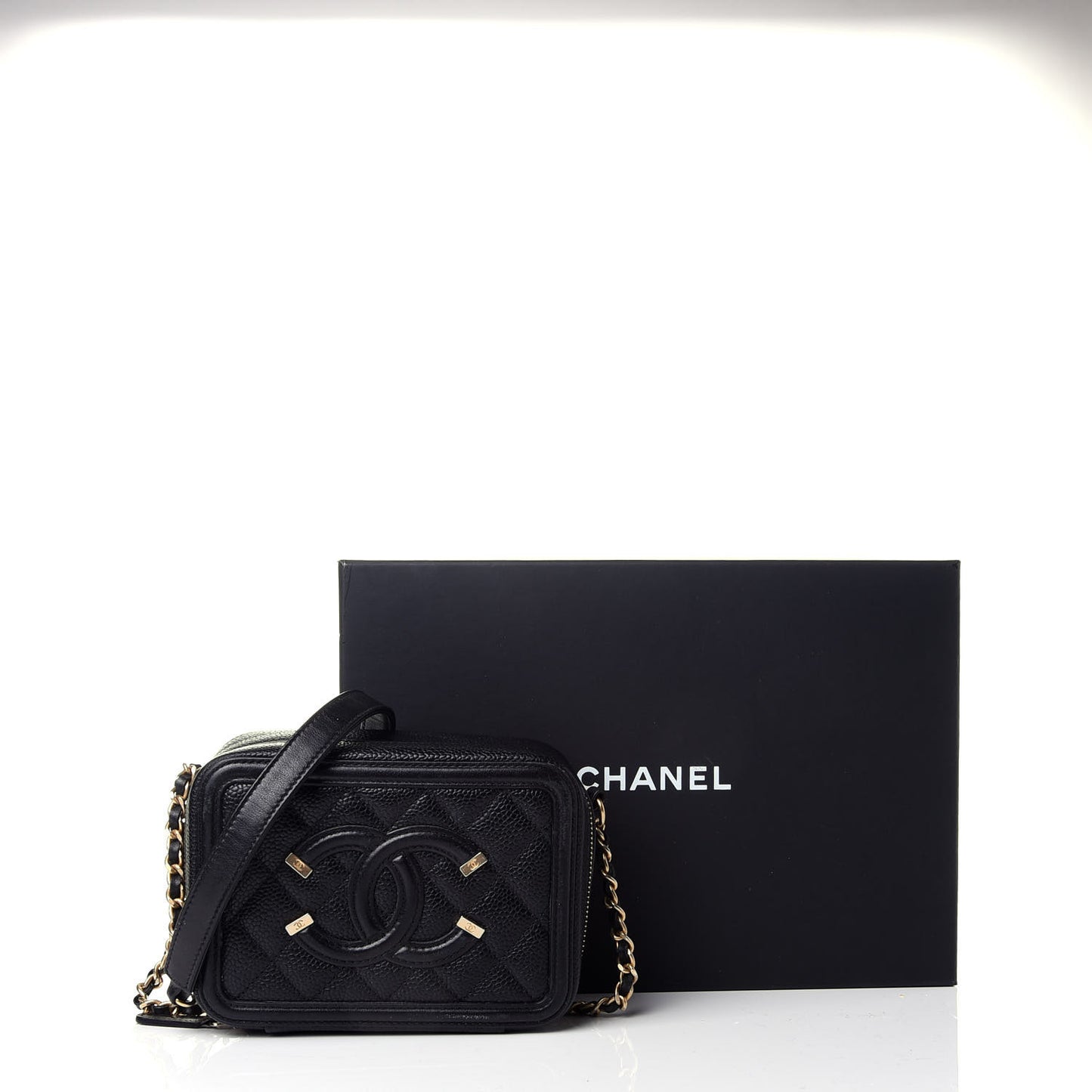 Caviar Quilted CC Filigree Vanity Clutch With Chain Black