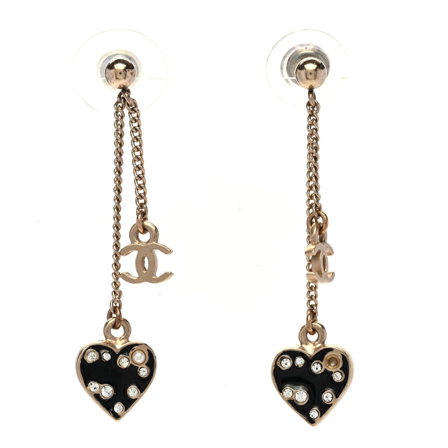 Resin Crystal Pearl CC Heart Chain Earrings Black Gold