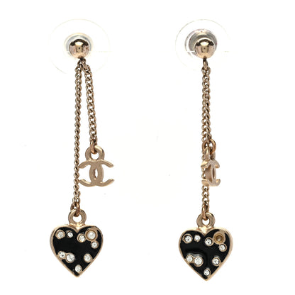 Chanel Resin Crystal Pearl CC Heart Chain Earrings Black Gold 1 of 4