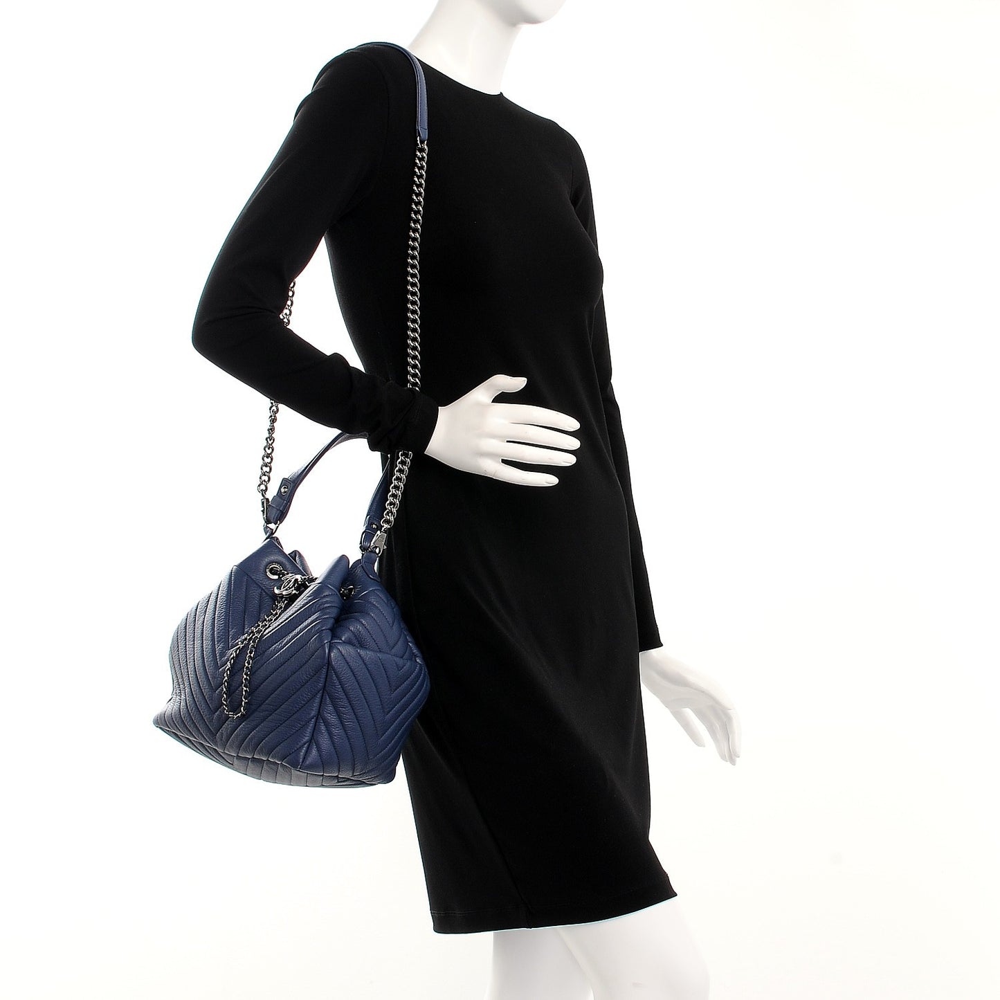 Deerskin Chevron Medium CC Chain Bucket Drawstring Bag Navy Blue