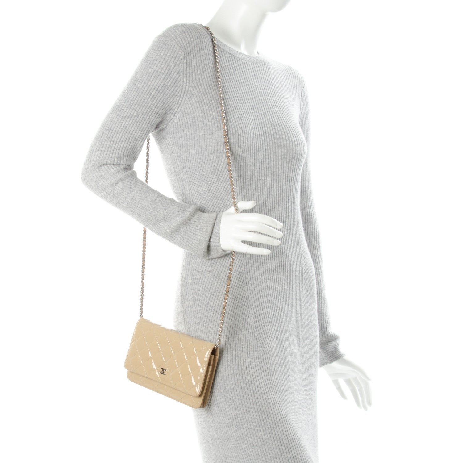 Chanel Patent Quilted Wallet On Chain WOC Beige 2 of 8