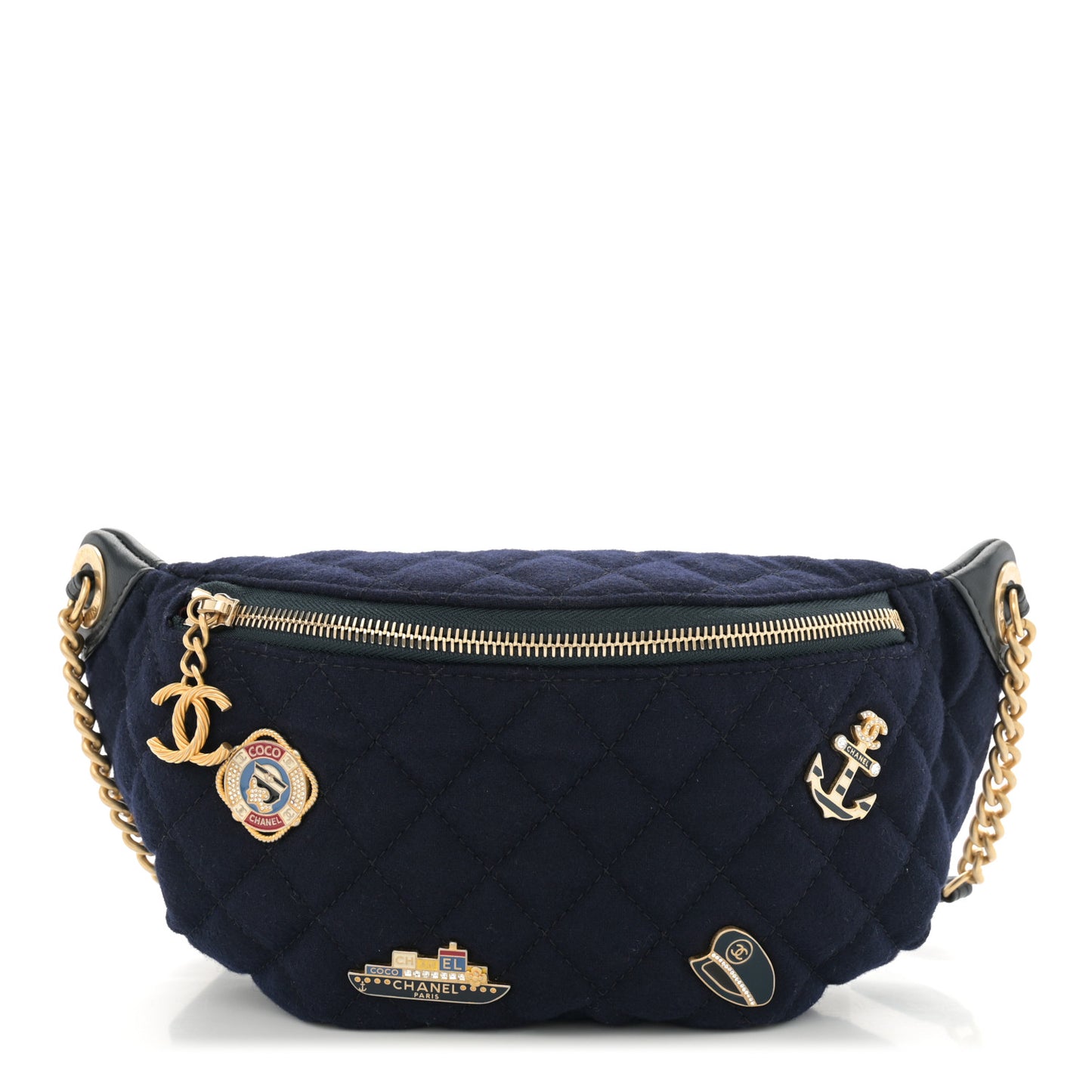 Wool Lambskin Quilted Paris Hamburg Charms Waist Bag Dark Navy