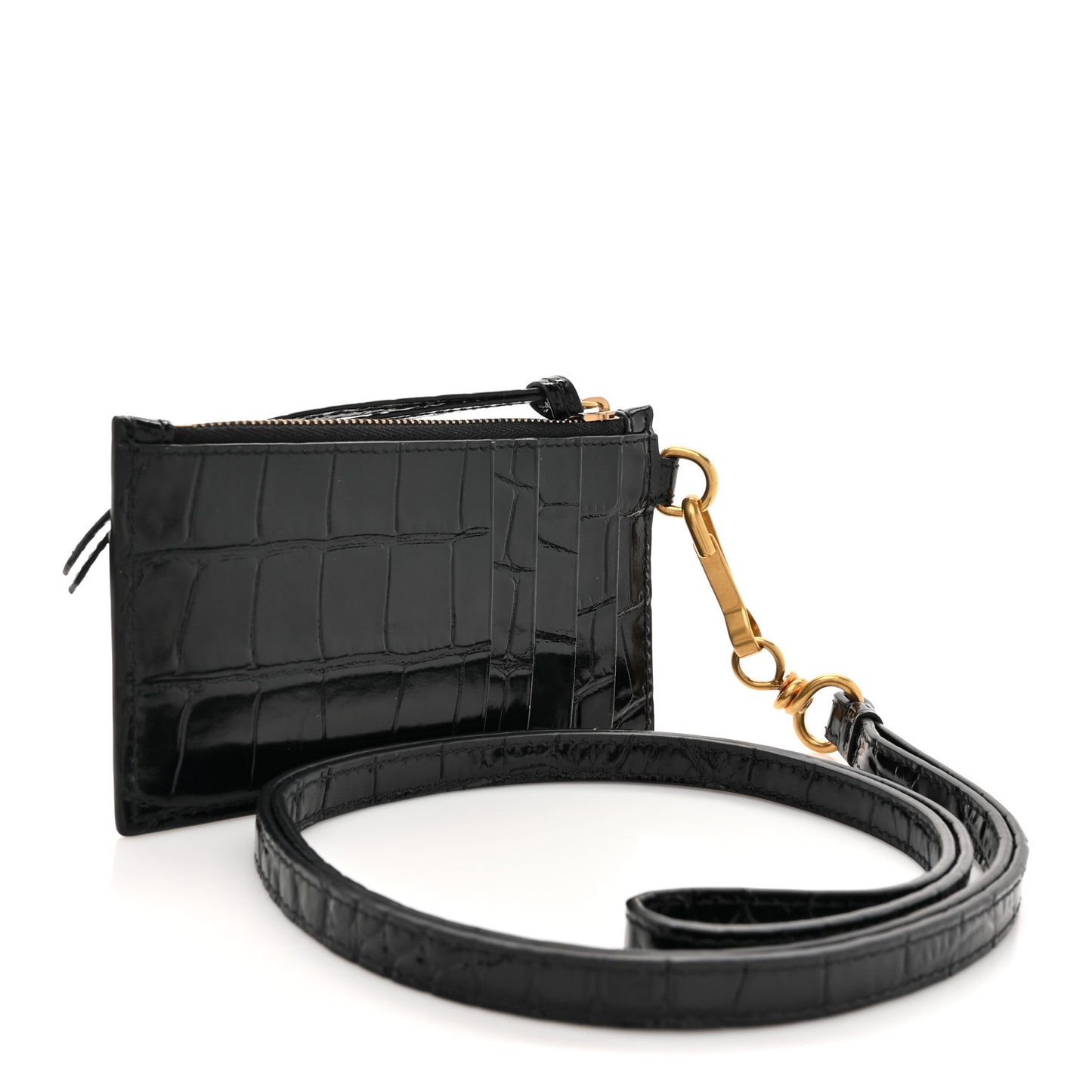 Shiny Calfskin Crocodile Embossed Neo Classic Long Coin Case Card Holder on Strap Black