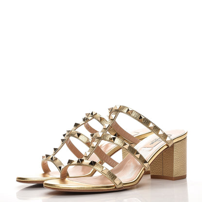 Valentino Garavani Metallic Pebbled Calfskin Rockstud 60mm Caged Slide Sandals 39.5 Mekong 2 of 8