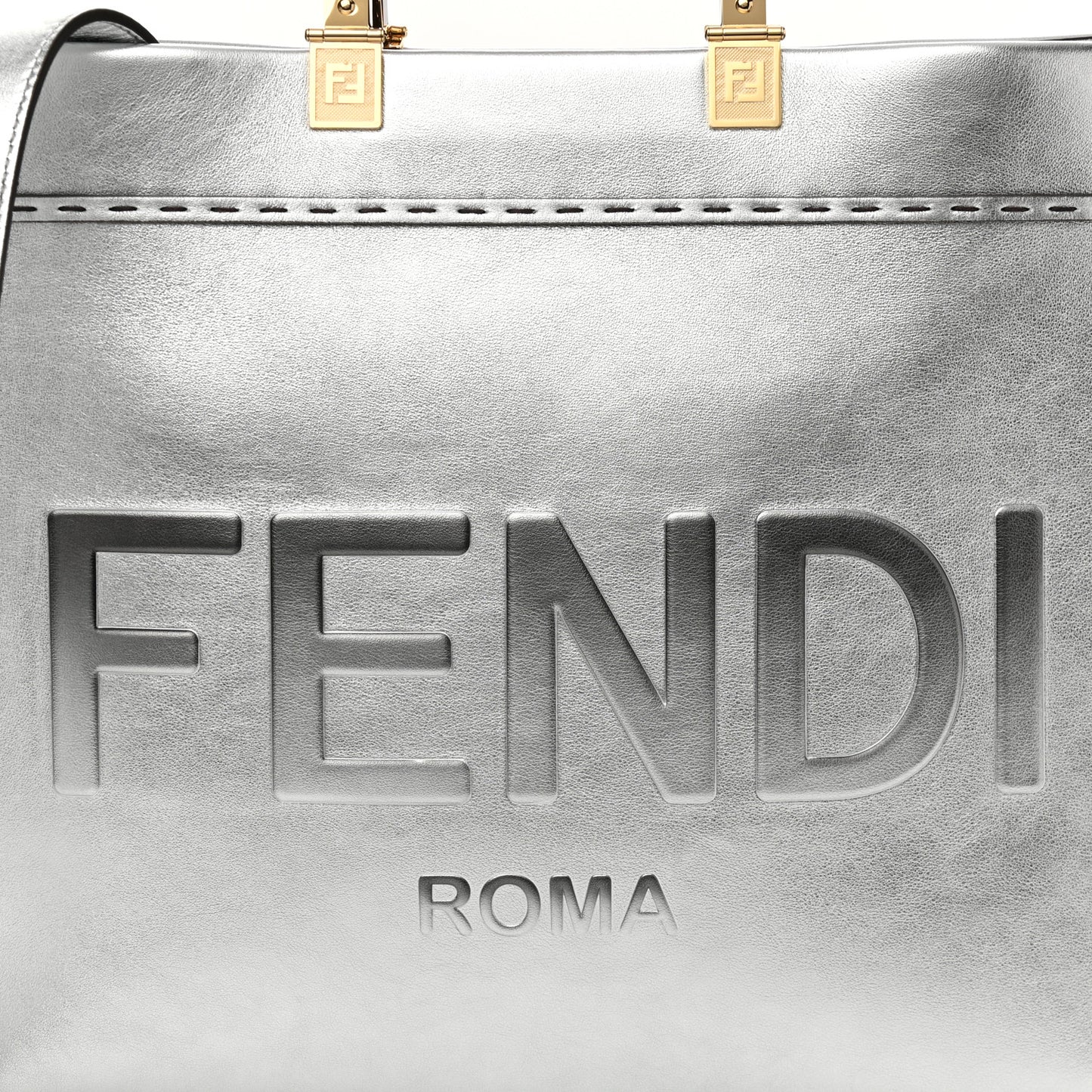 Vitello Catalan Mirror Plexiglass Logo Embossed Medium Fendi Sunshine Shopper Tote Argento