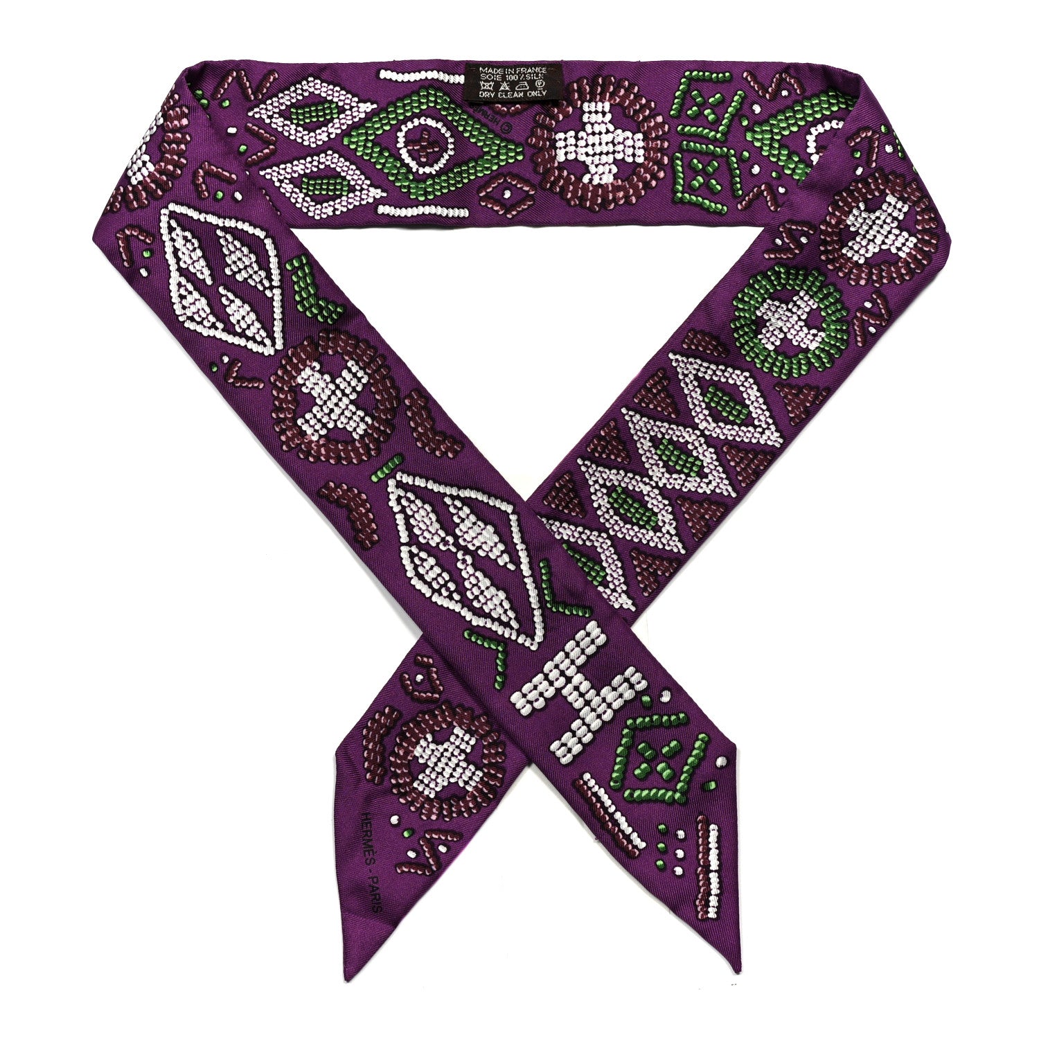 Hermes Silk Kelly en Perles Twilly Violet Vert Lie De Vin 1 of 4