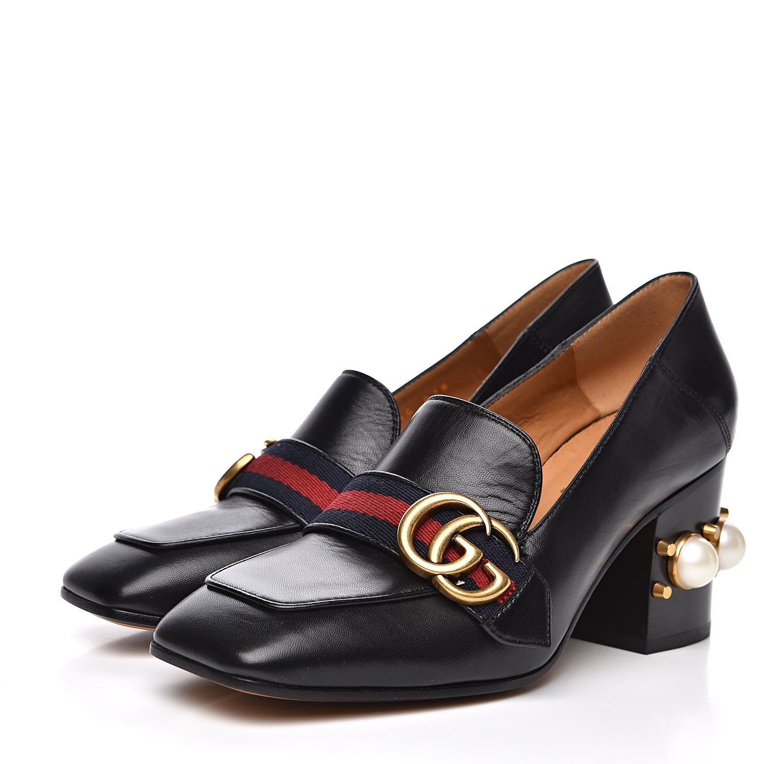 Gucci Malaga Kid Web Pearl Embellished Peyton 75mm Loafer Pumps 35.5 Black 3 of 10
