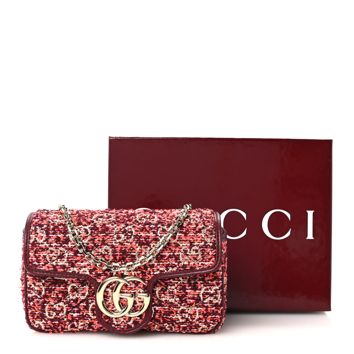 Gucci Tweed GG Monogram Mini GG Marmont Shoulder Bag Orange Red Multicolor 10 of 10