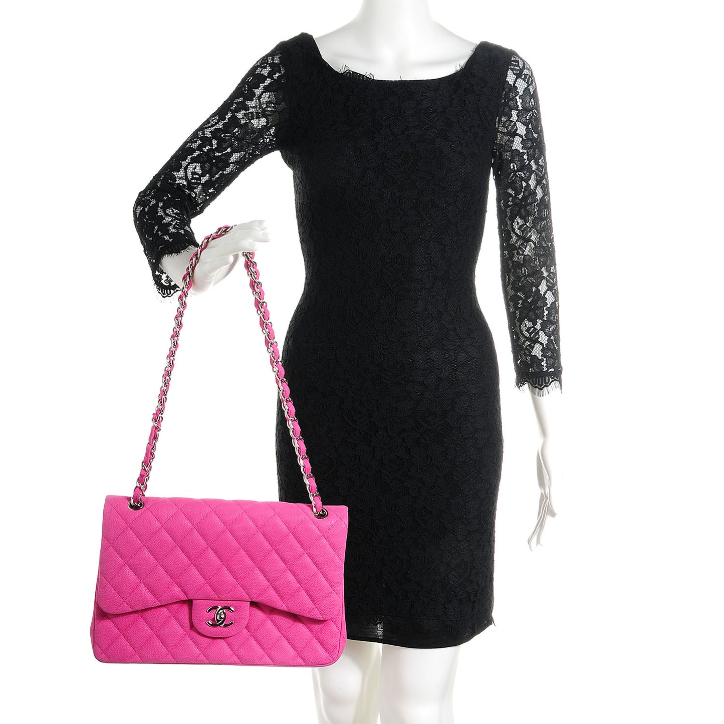 Iridescent Caviar Jumbo Double Flap Hot Pink