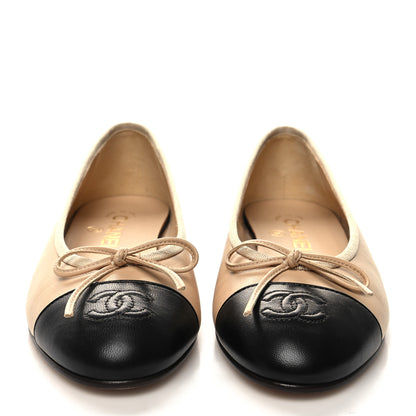 Chanel Lambskin Cap Toe CC Ballerina Flats 37.5 Beige Black 2 of 9