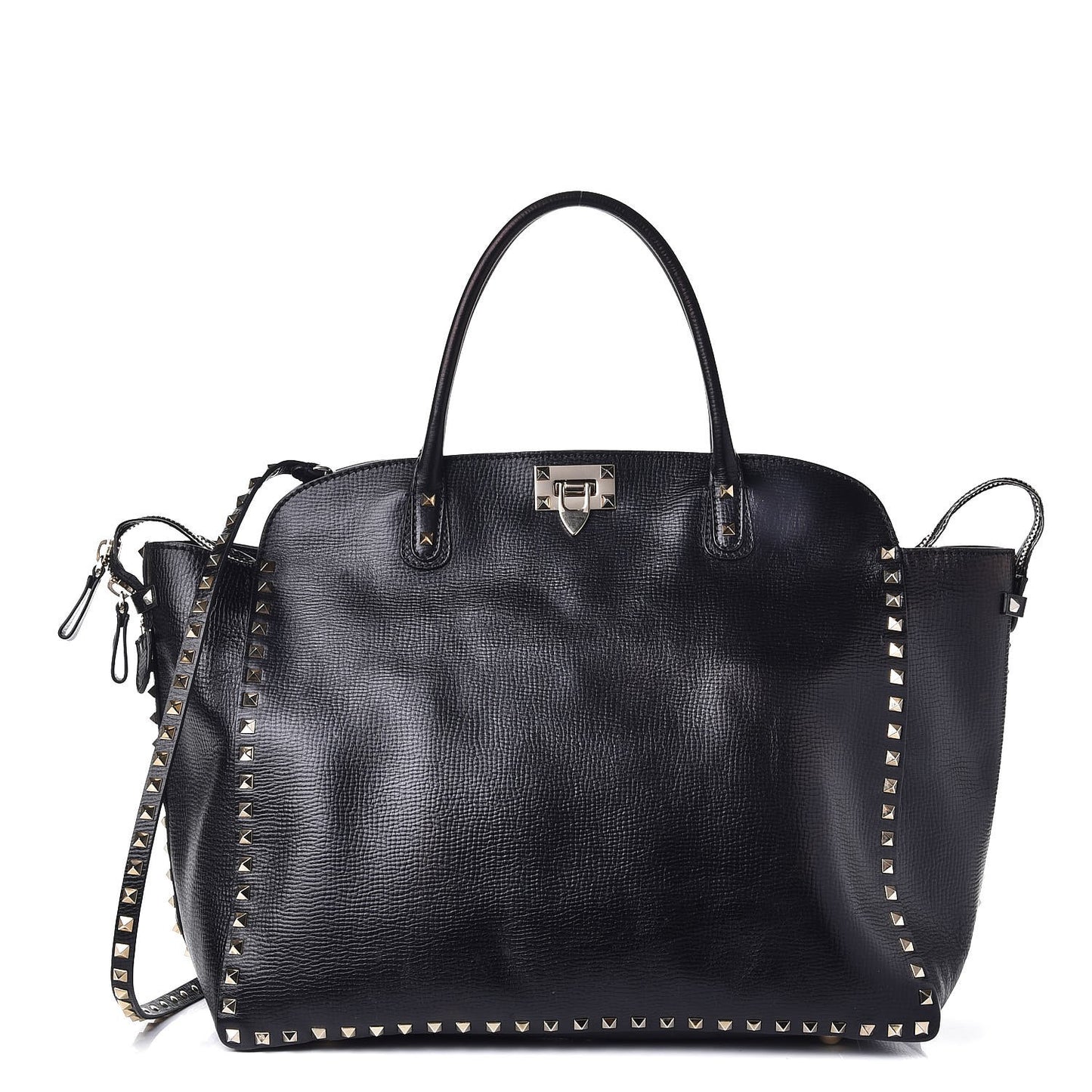 Textured Calfskin Rockstud Tote Black