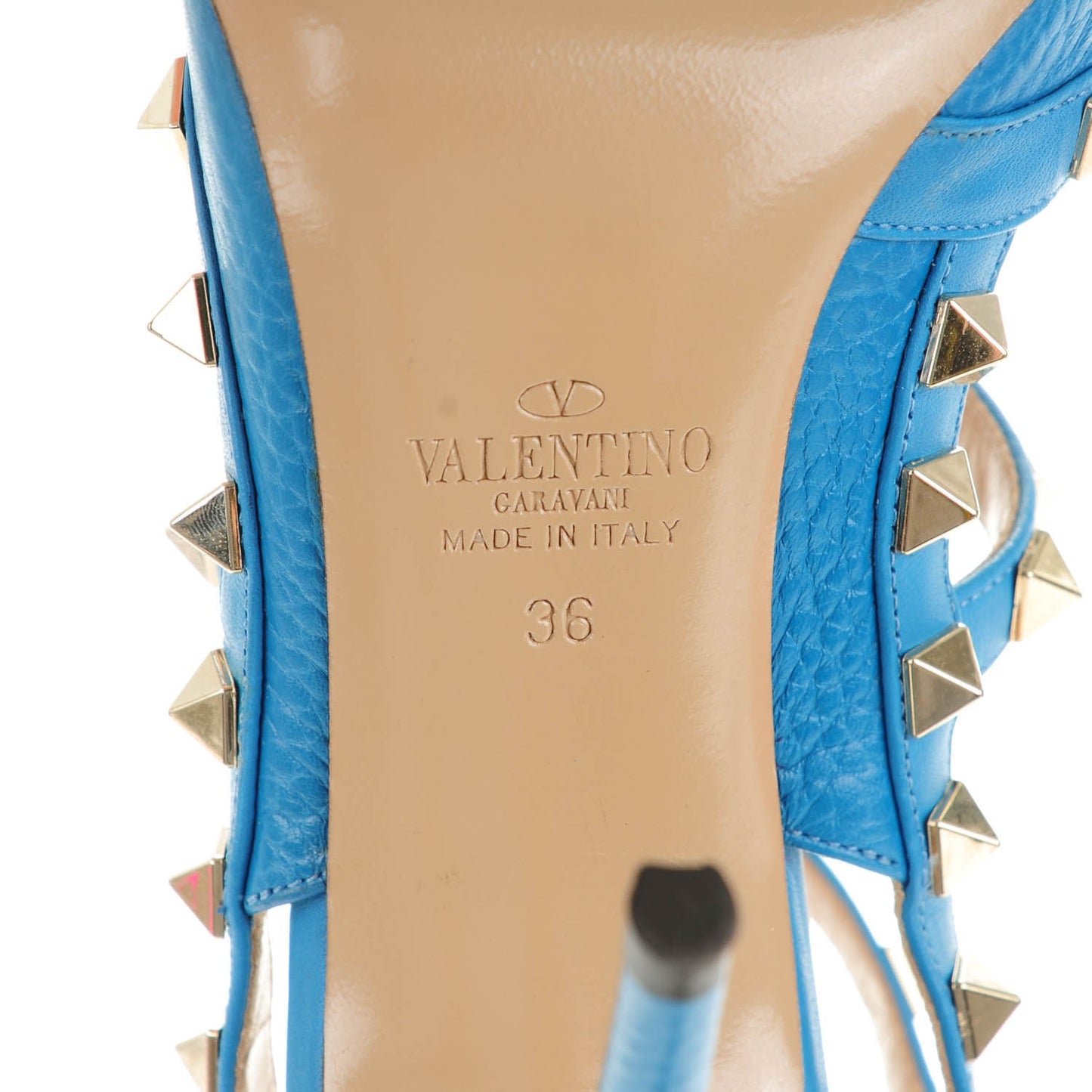 Pebbled Calfskin Rockstud Ankle Strap Pumps 36 Light Blue