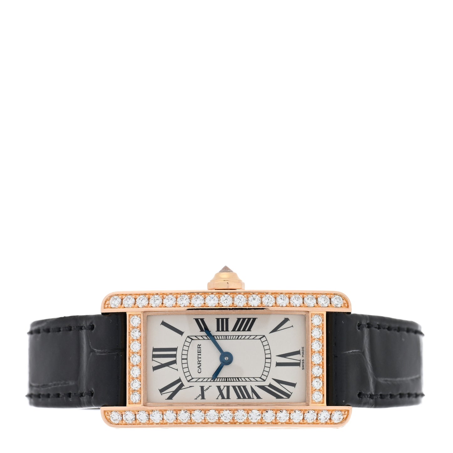 18K Pink Gold Alligator Diamond Bezel 19mm Tank Americaine Quartz Watch