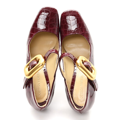 Bottega Veneta Glossy Calfskin Crocodile Embossed Mostra Mary Jane 90 MM Pumps 37 Merlot 2 of 10