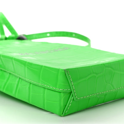 Balenciaga Shiny Calfskin Crocodile Embossed Logo Shopping Phone Holder Bag Fluo Green Black 7 of 8
