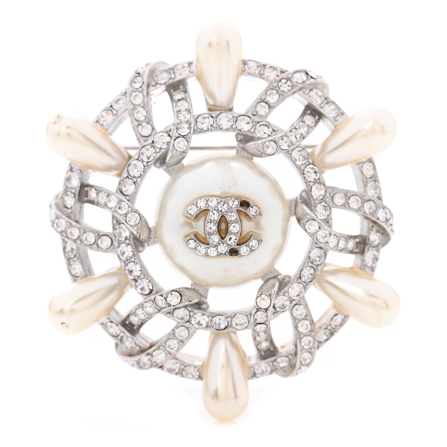 Pearl Crystal CC Wheel Brooch Pearly White Silver