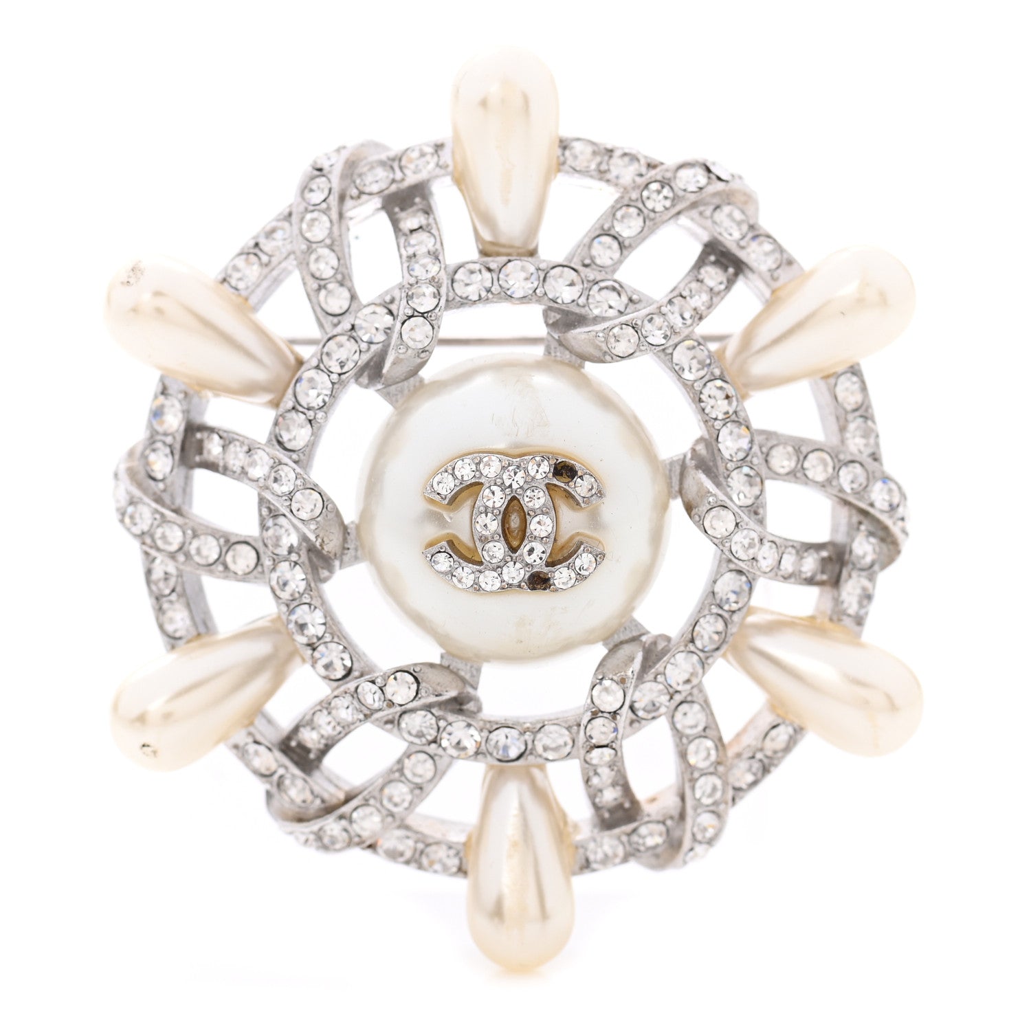 Chanel Pearl Crystal CC Wheel Brooch Pearly White Silver 1 of 5