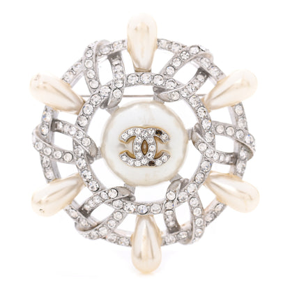 Chanel Pearl Crystal CC Wheel Brooch Pearly White Silver 1 of 5