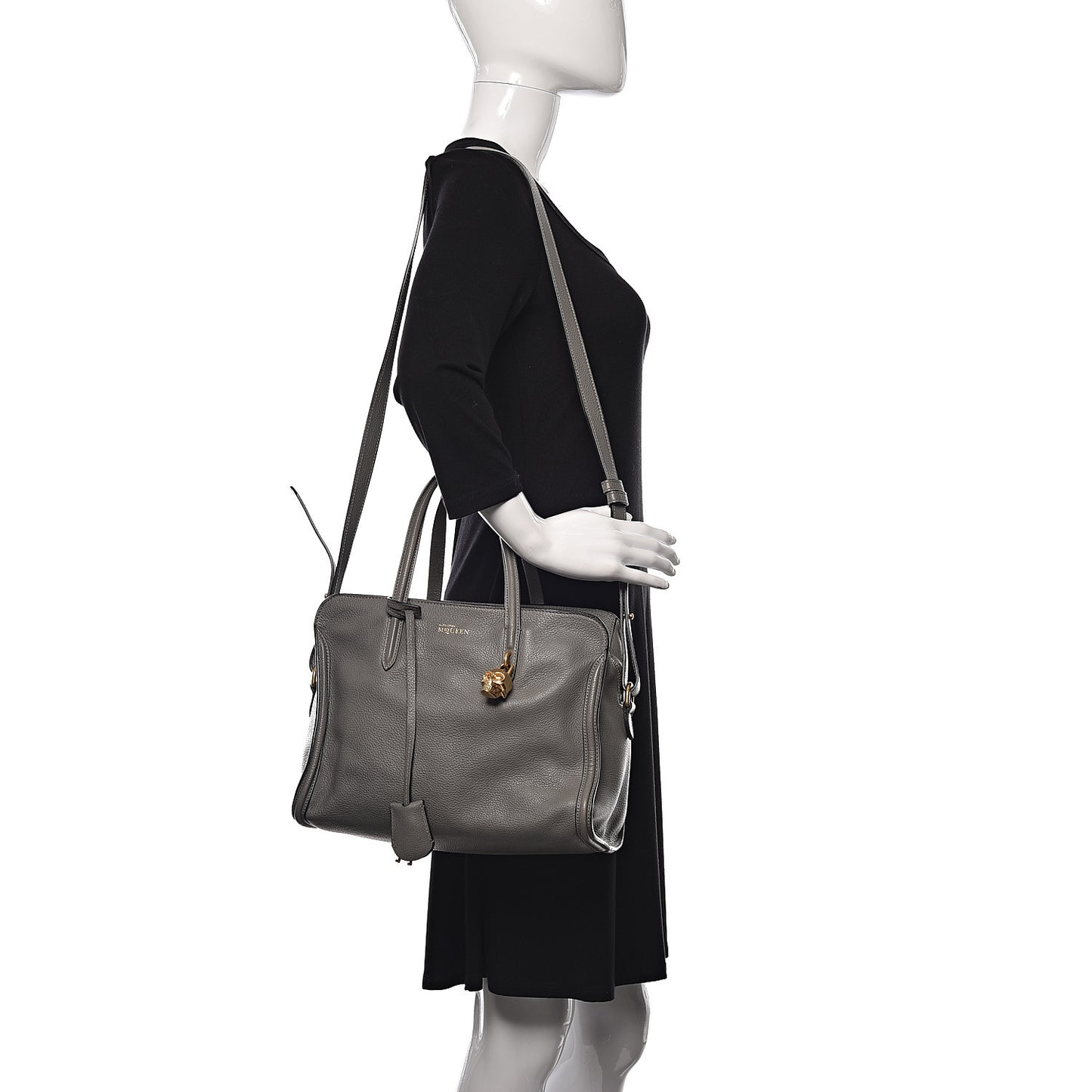 Pebbled Calfskin Small Skull Padlock Zip Around Tote Grey