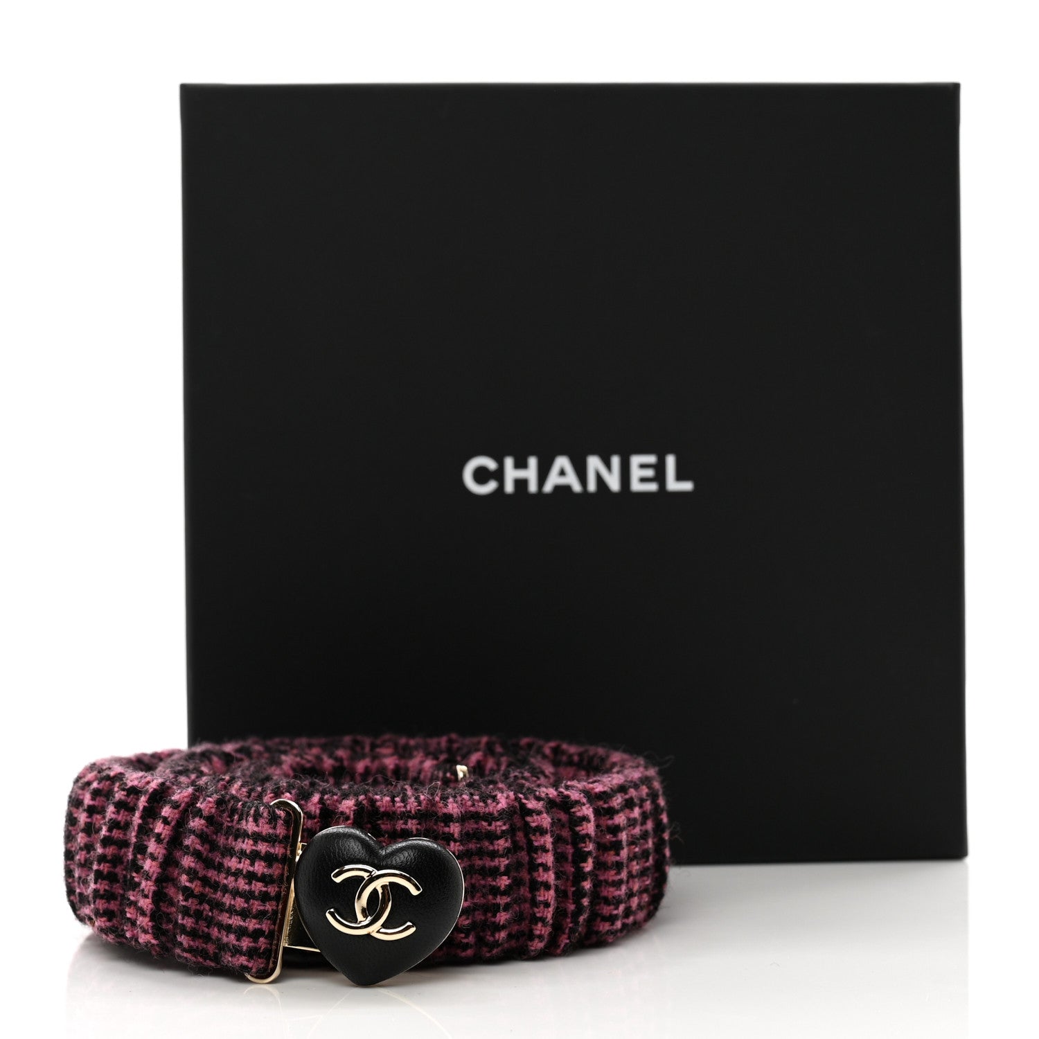 Chanel Tweed Calfskin CC Heart Belt 85 34 Black Pink 5 of 5